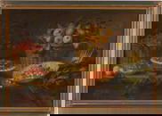 18th century Spanish school old master still life painting with delft bowls and baskets, including