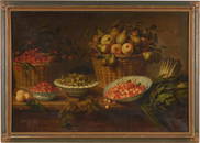 18th century Spanish school old master still life painting with delft bowls and baskets, including