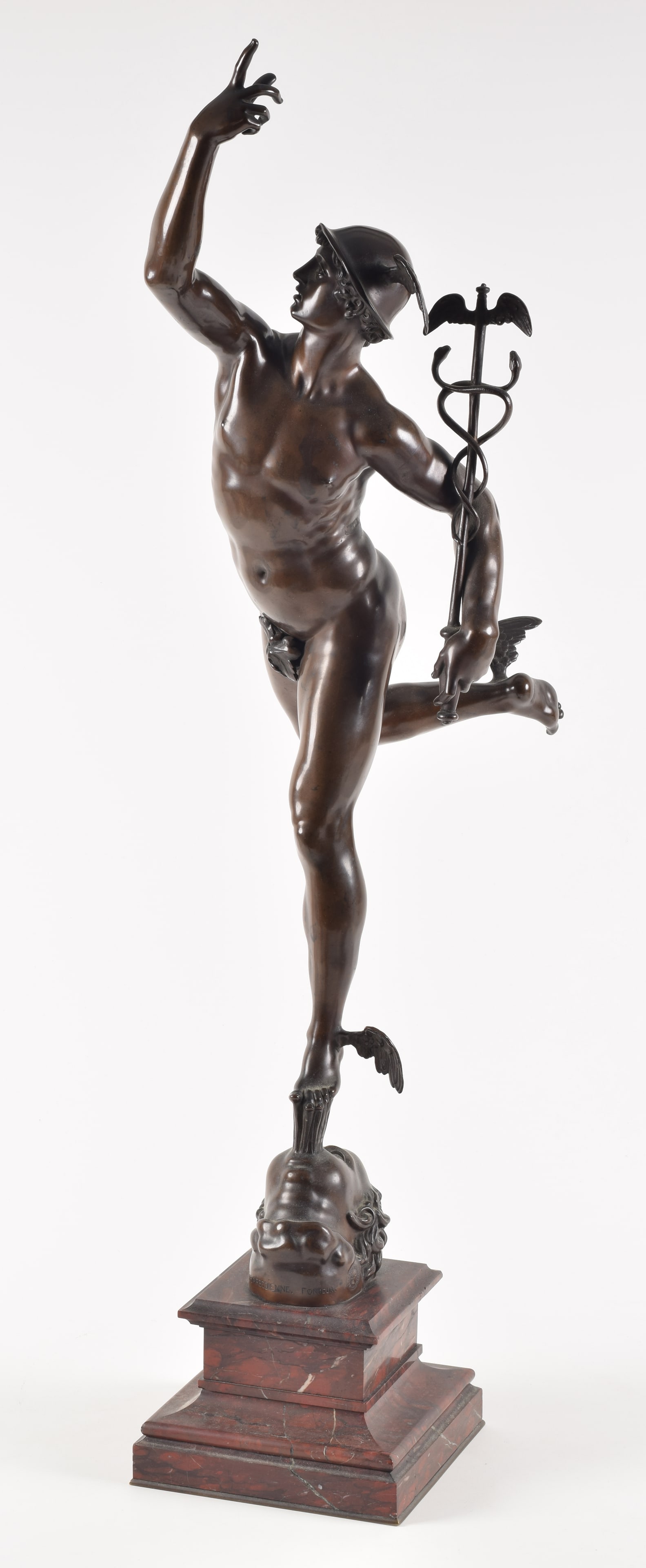 19th century Barbedienne French bronze sculpture of Hermes standing on one foot above a figural (1 of 11)