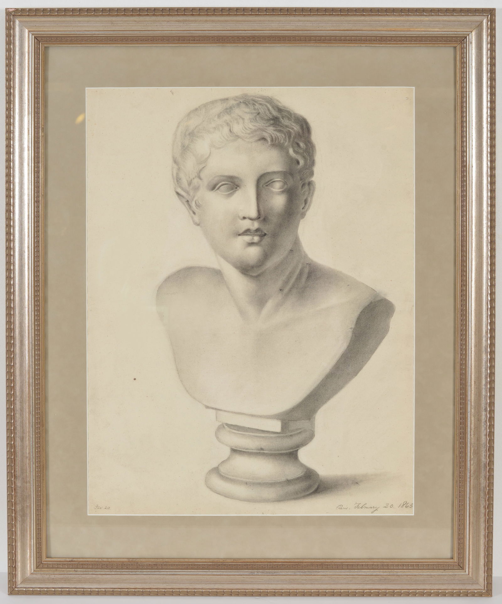 Classical French bust drawing, pencil. Signed lower right Paris, February 20, 1865. Sight size 24 x (1 of 3)