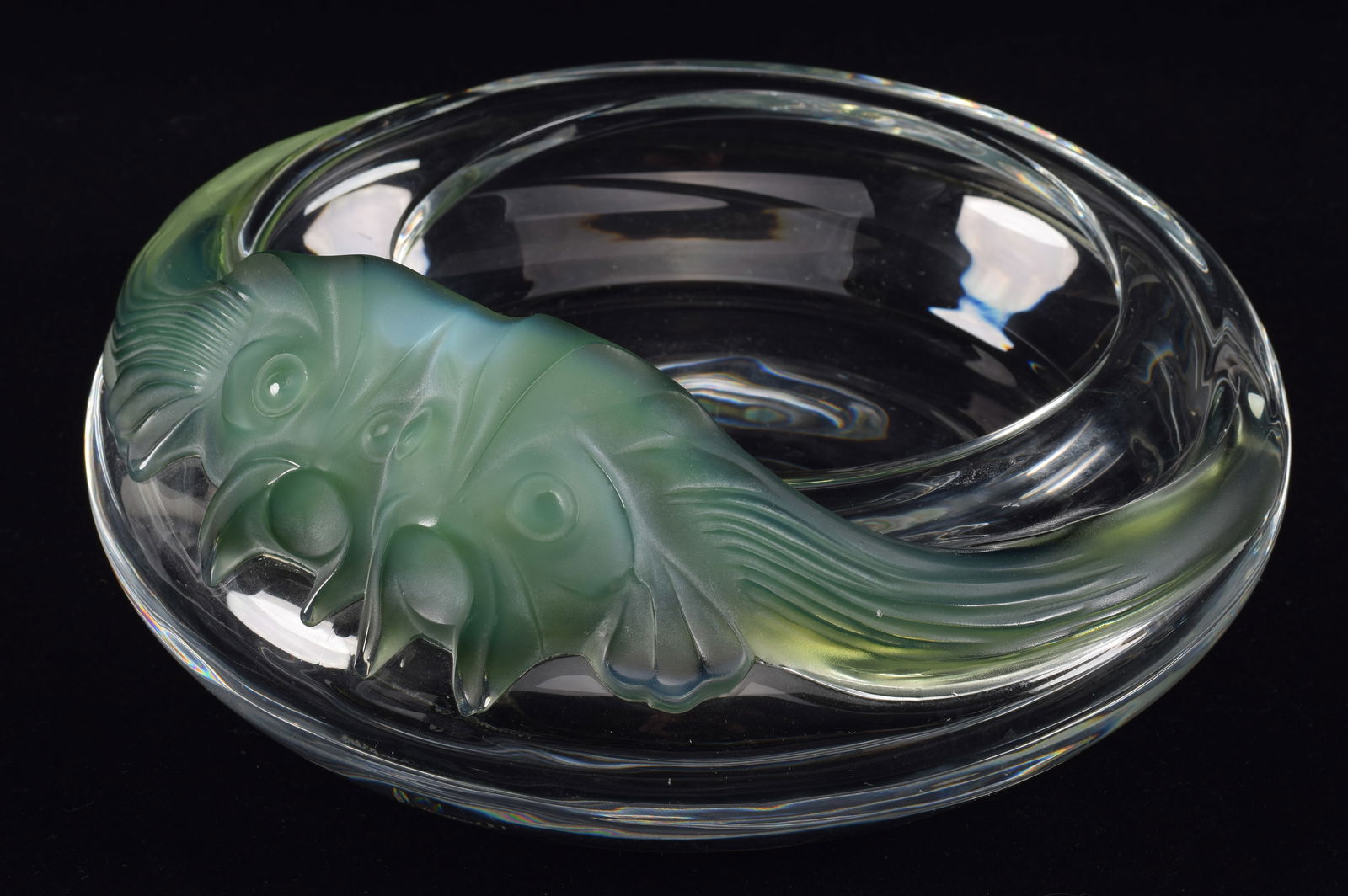 Lalique "Yeso Antinea" clear and colored crystal fish decorated bowl. Stylized double fish head in (1 of 5)