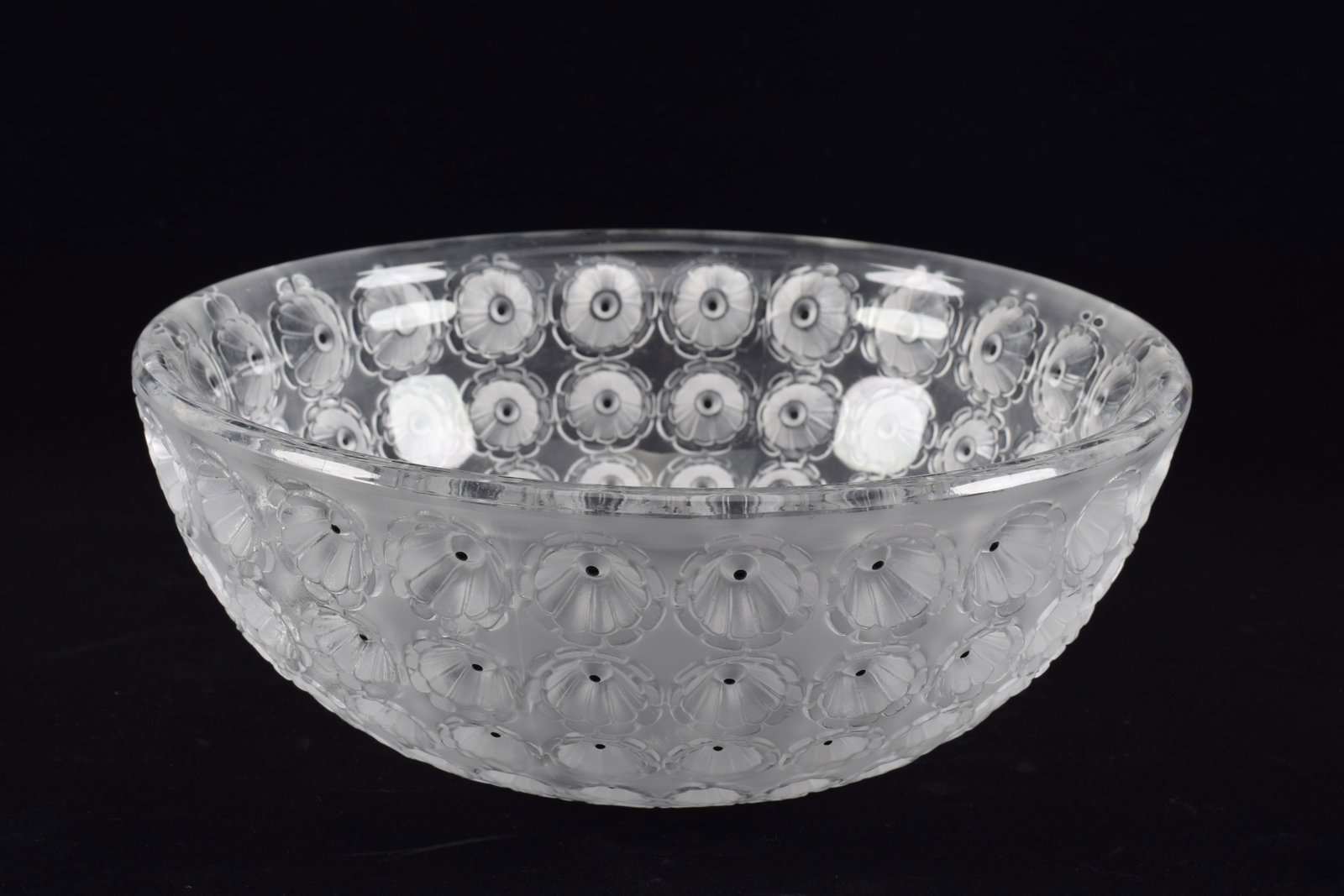 Large Lalique "Nemours" frosted crystal bowl with decorated, graduated recessed cactus flower: Large Lalique "Nemours" frosted crystal bowl with decorated, graduated recessed cactus flower design. 10in diameter.