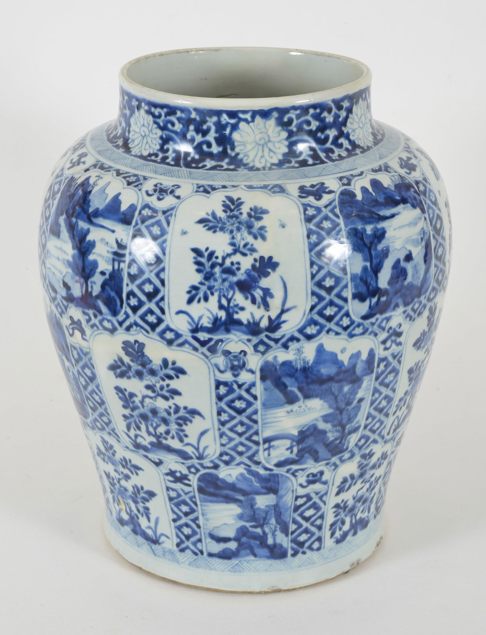 Large 19th century Chinese export blue and white jar. Alternating landscape and floral panel (1 of 7)