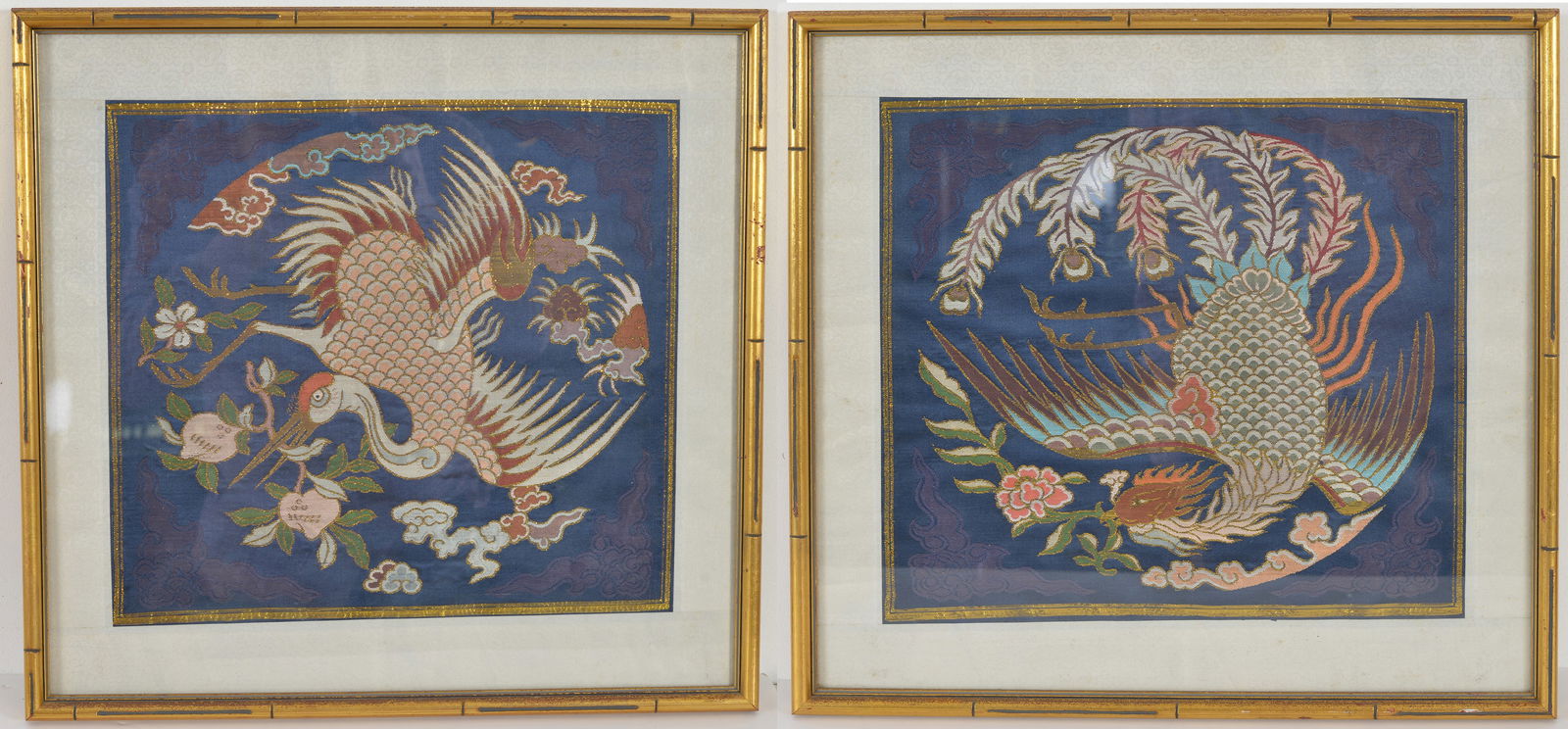18th/19th century pair of Kossu embroidered panels with phoenix and crane decoration. Framed under (1 of 5)