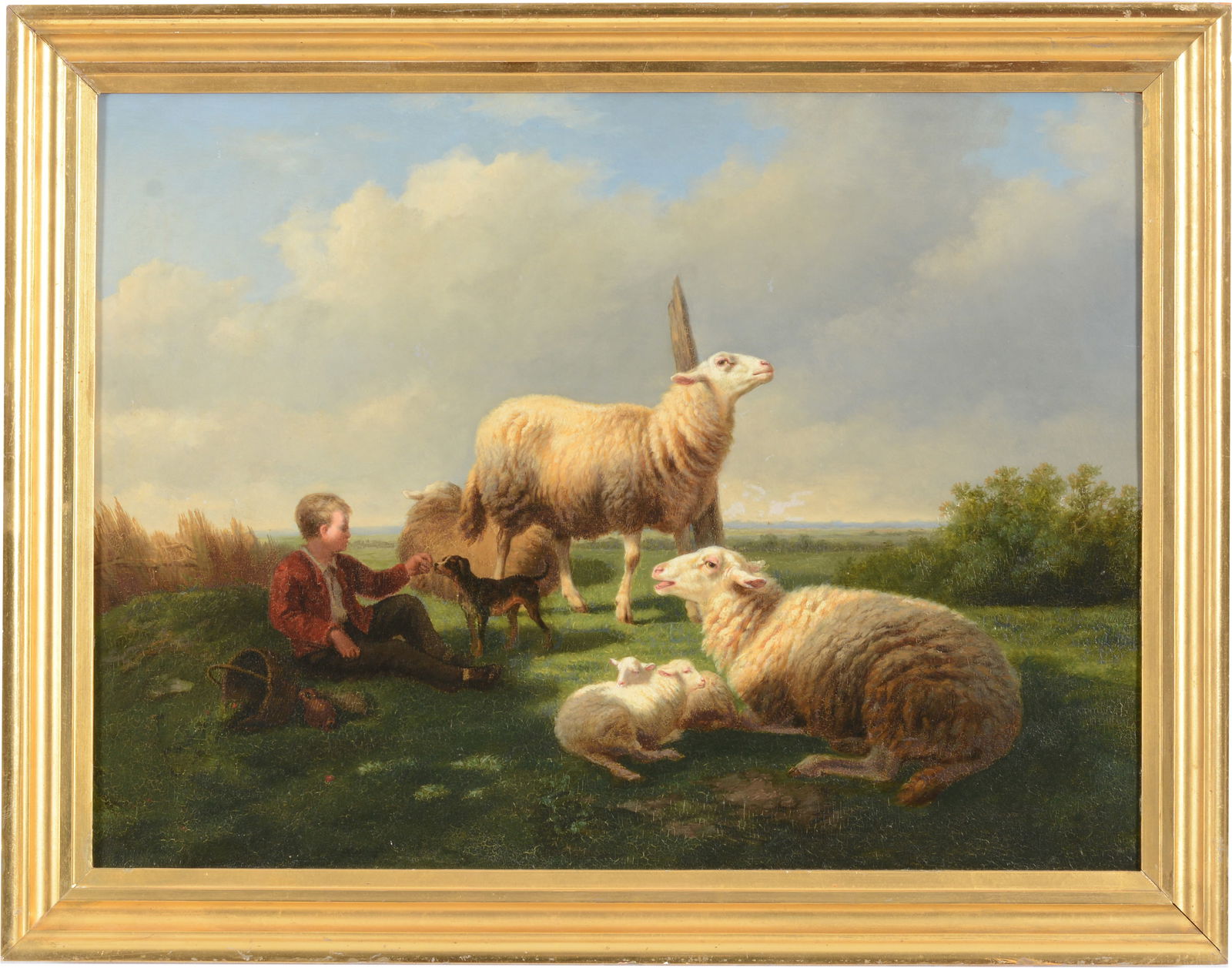 French 19th Century image of shepherd boy and sheep. Unsigned Collectors label on back. Oil on (1 of 7)