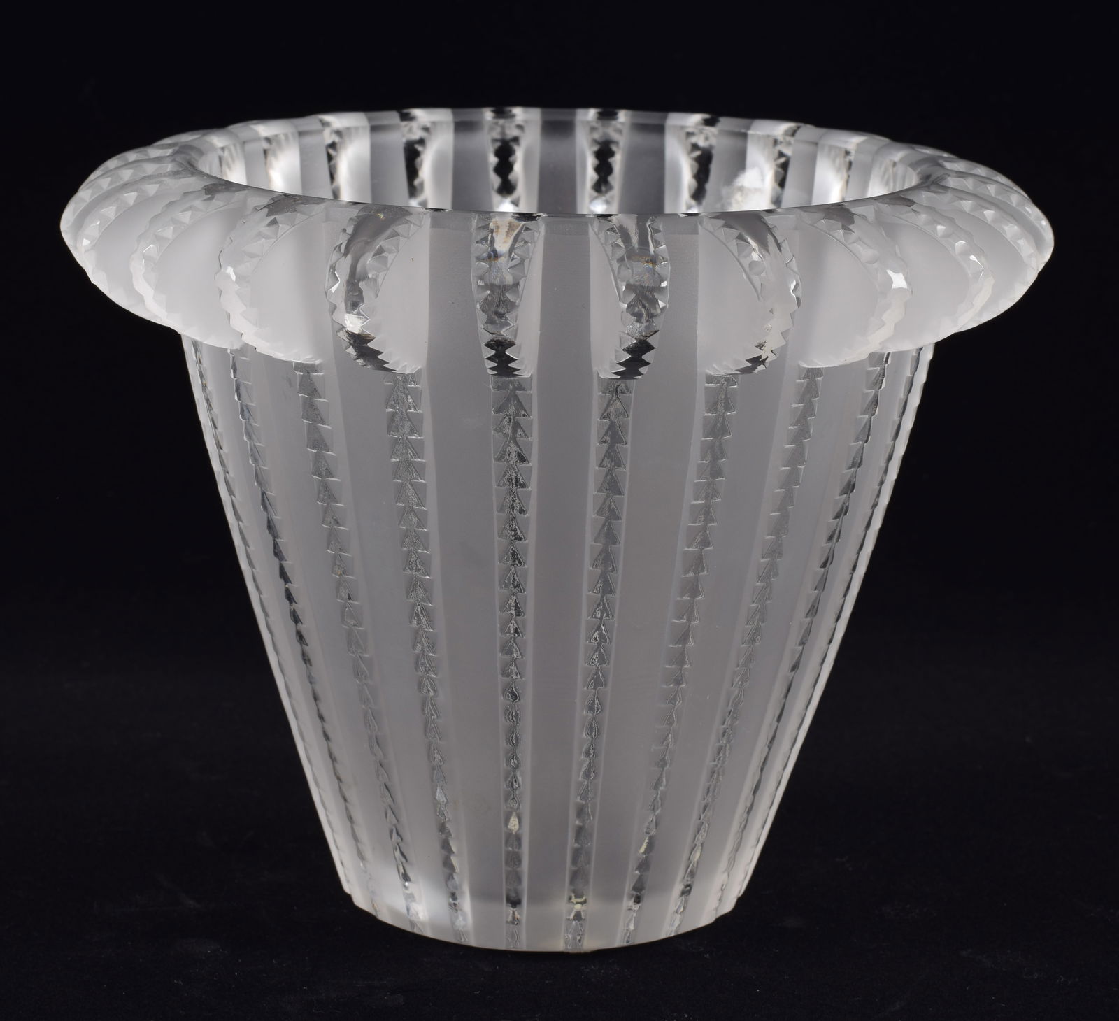 Lalique "Royat" frosted crystal vase. Ribbed arrow design with pronounced rim. Marked Lalique France (1 of 8)