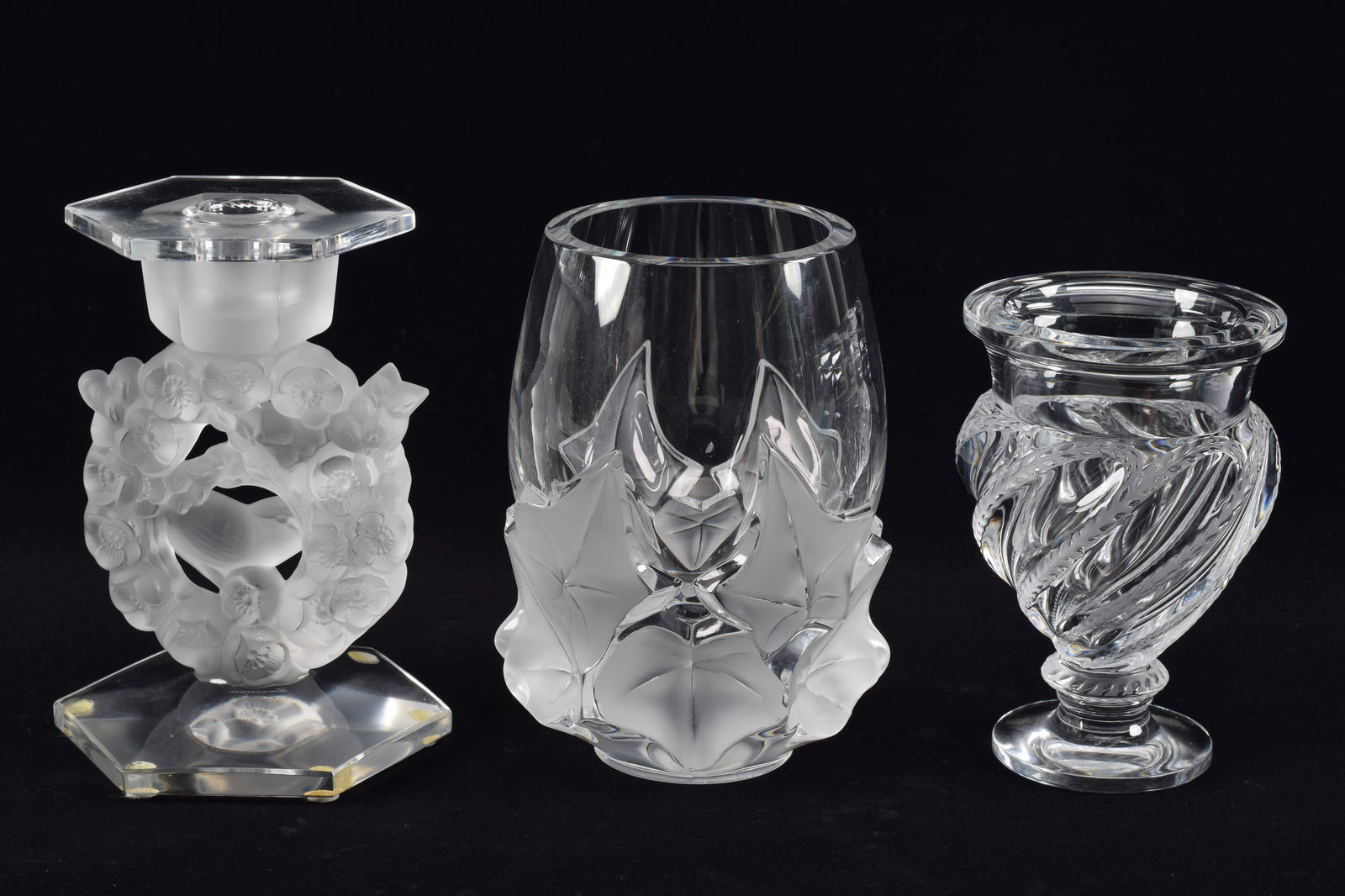 3 Lalique crystal sculptures. 1) Foliate decorated clear and frosted vase. 6.5in high. Small (1 of 5)