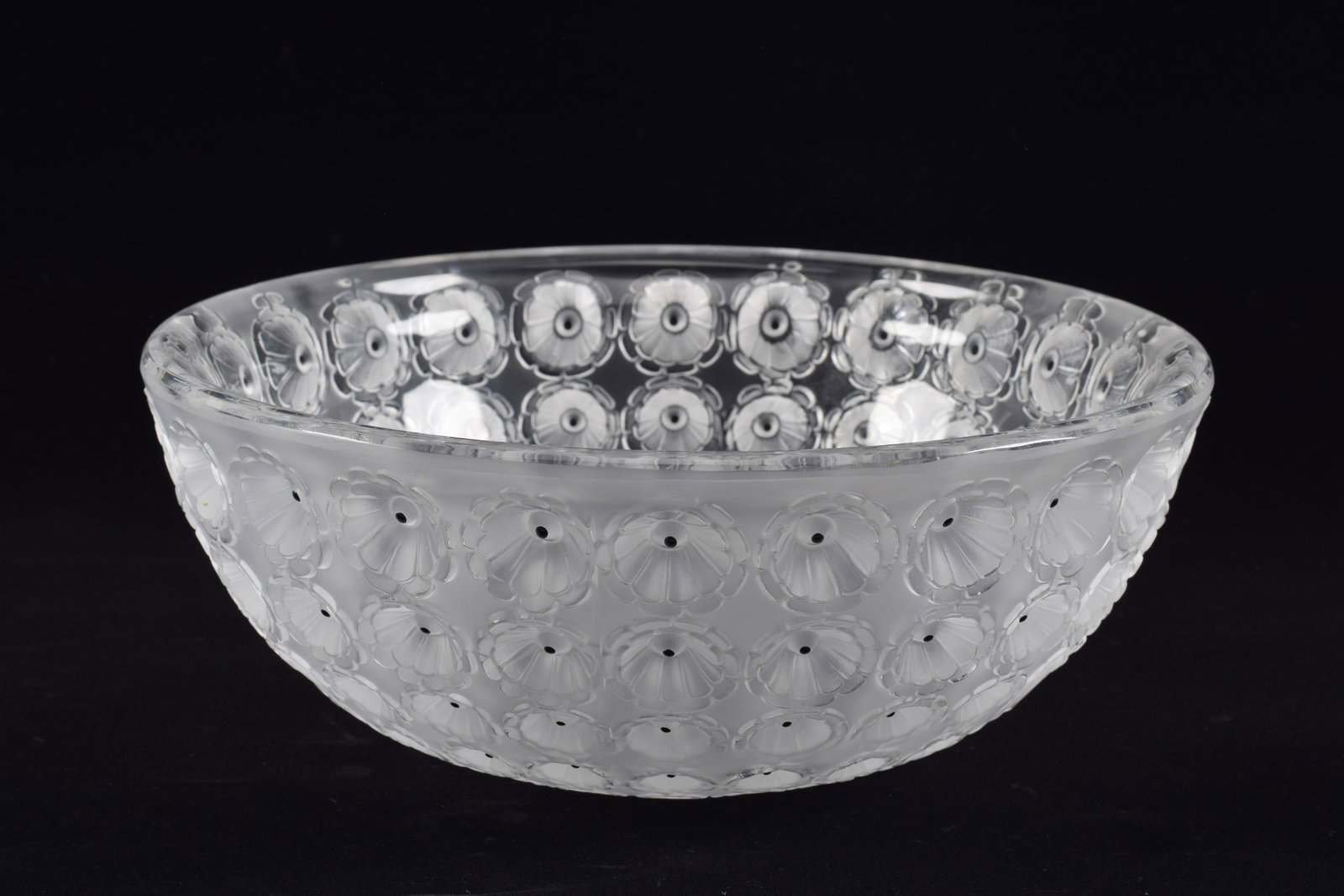 Large Lalique "Nemours" frosted crystal bowl with decorated, graduated recessed cactus flower: Large Lalique "Nemours" frosted crystal bowl with decorated, graduated recessed cactus flower design. 10in diameter.