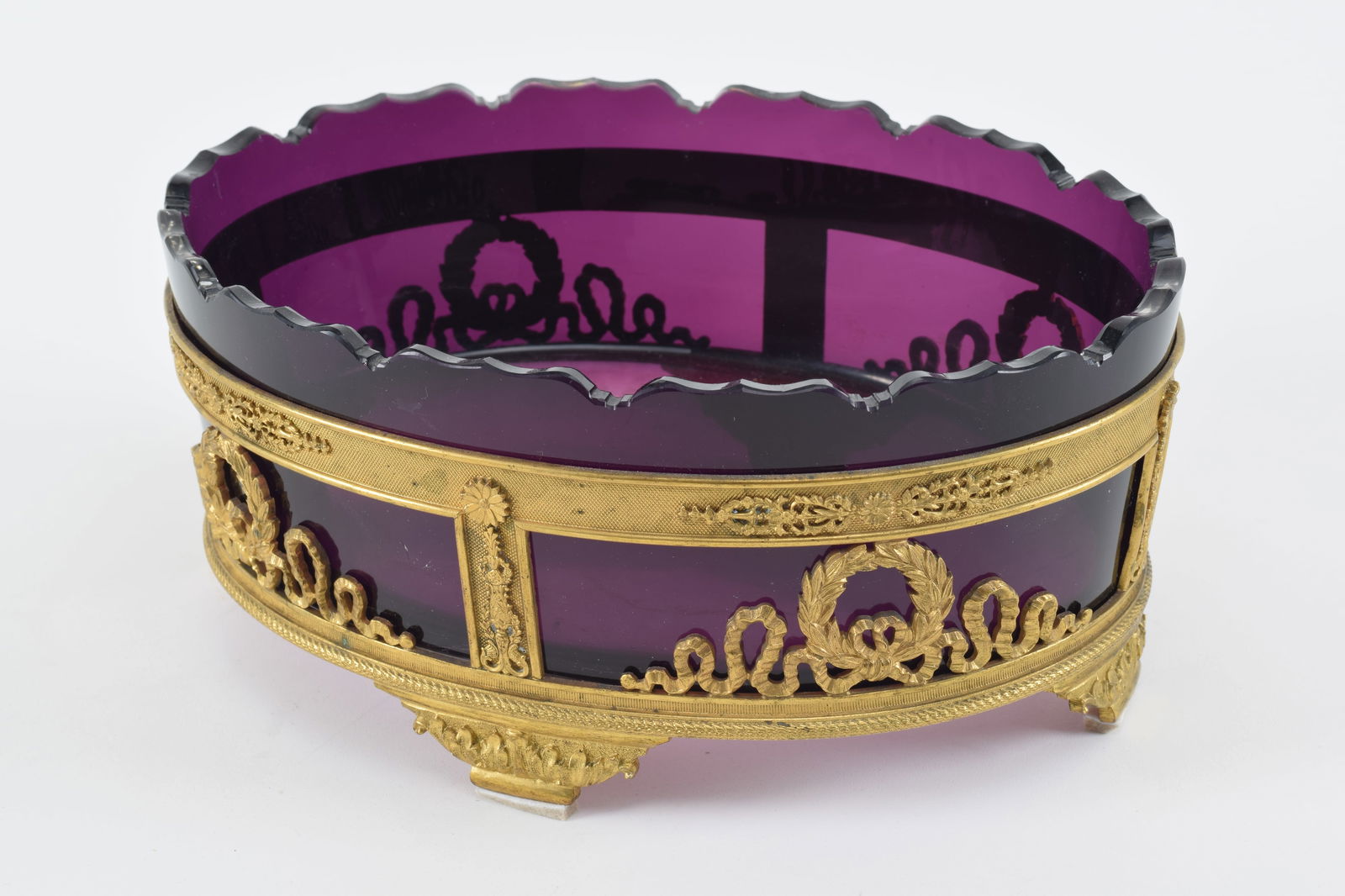 Baccarat style classical gilt bronze and amethyst glass footed basket. Shaped glass edge. Scratches (1 of 8)