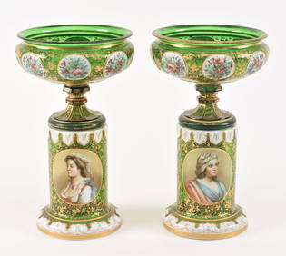 Pair of Moser attributed green glass centerpieces on pedestals, late 19th century. White cased glass (1 of 13)