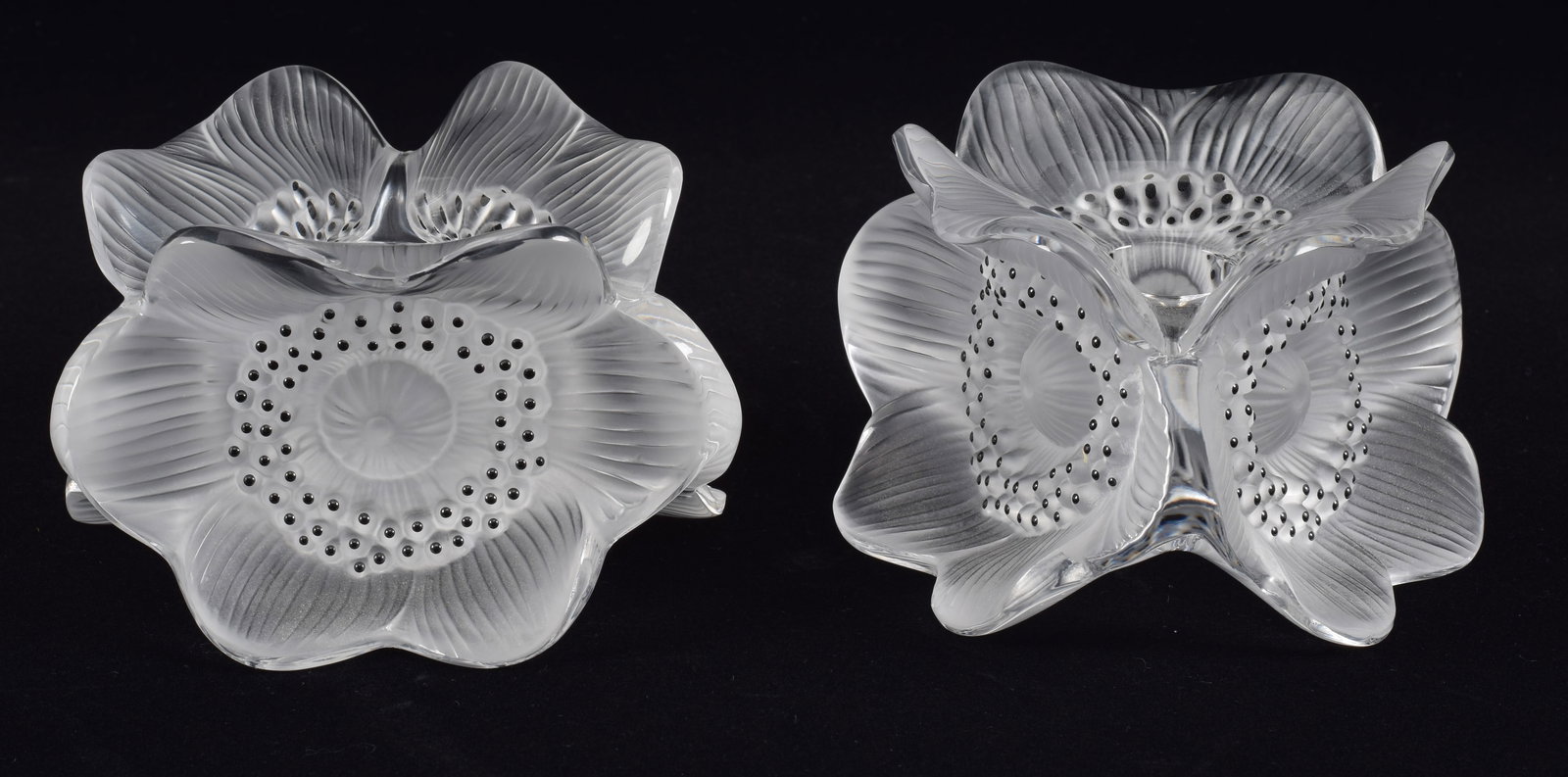 Pair of Lalique "Anemones" frosted and decorated crystal candleholders. 3-sided floral decoration. (1 of 5)