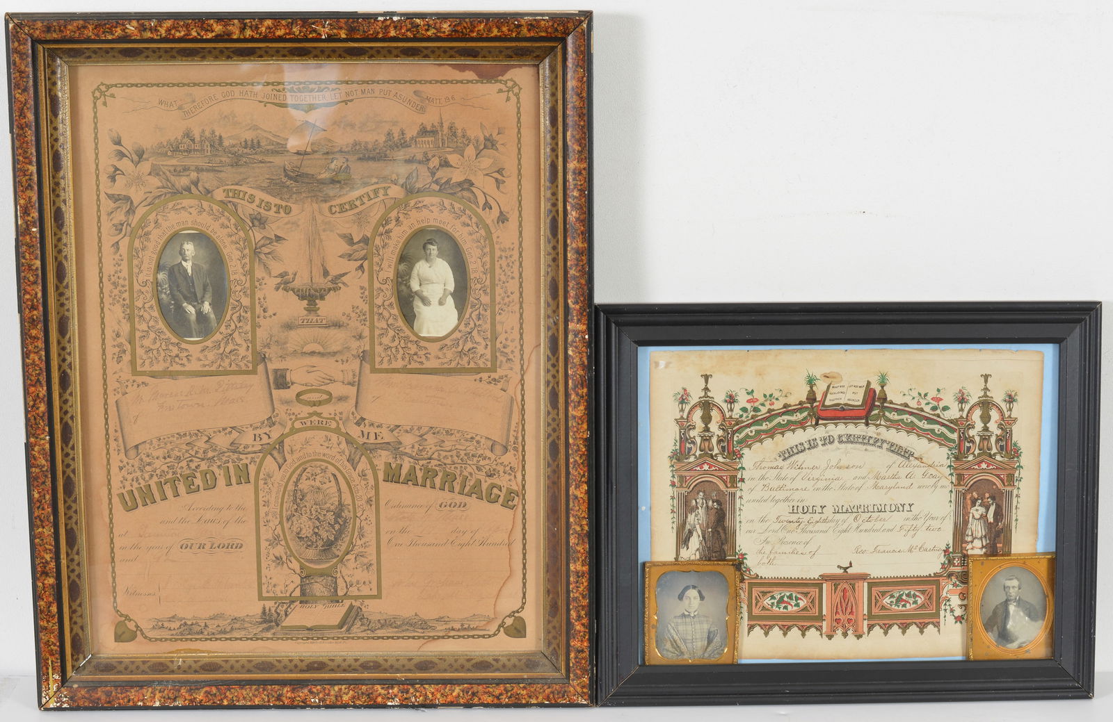 19th century marriage certificates with photographs. 1) 1852 certificate of Thomas Johnson and: 19th century marriage certificates with photographs. 1) 1852 certificate of Thomas Johnson and Martha Gray of Virginia and Maryland. Framed with a daguerreotype photograph of each. 2) 1892 certificate
