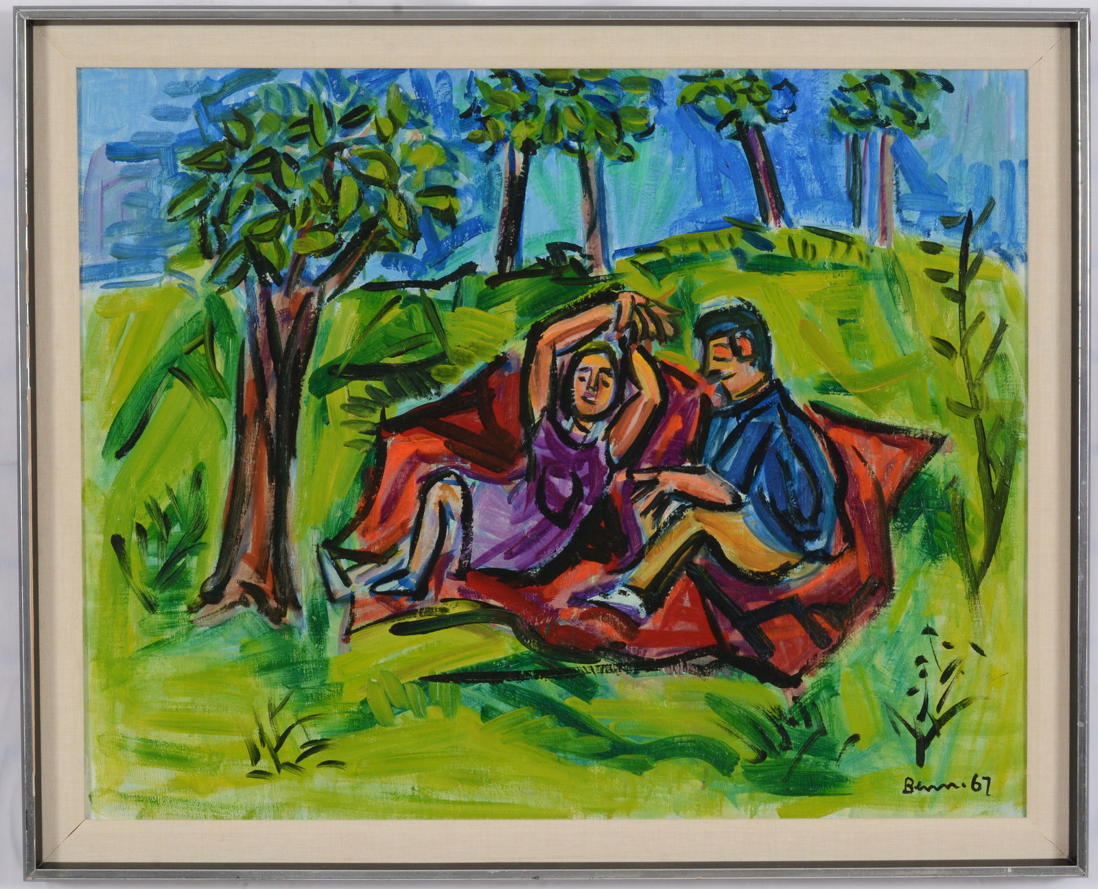 Ben Benn. "In Central Park". 1967. Modernist scene of figures in the park. Signed and dated lower: Ben Benn. "In Central Park". 1967. Modernist scene of figures in the park. Signed and dated lower right. Signed and dated on reverse. Oil on canvas. Framed. Sight: 24.25 x 30.25in. Overall: 27.25 x 33