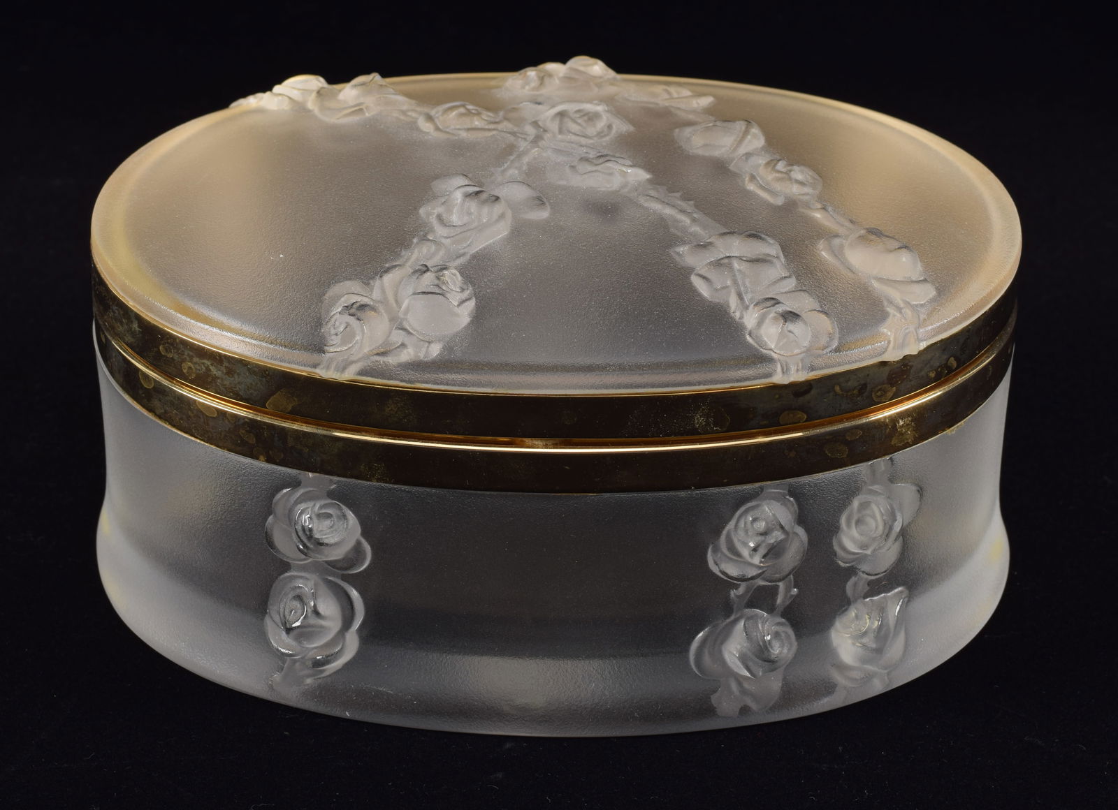 Lalique "Coppelia" frosted crystal and brass dresser box. Rose bud and branch relief decoration. (1 of 5)