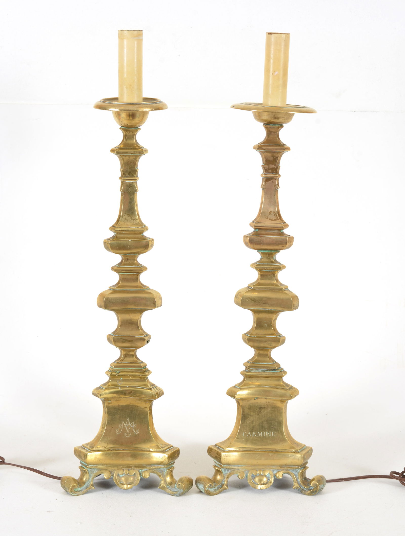 Pair of Baroque large brass candlesticks, continental 18th Century. Faceted with triangular base and (1 of 6)