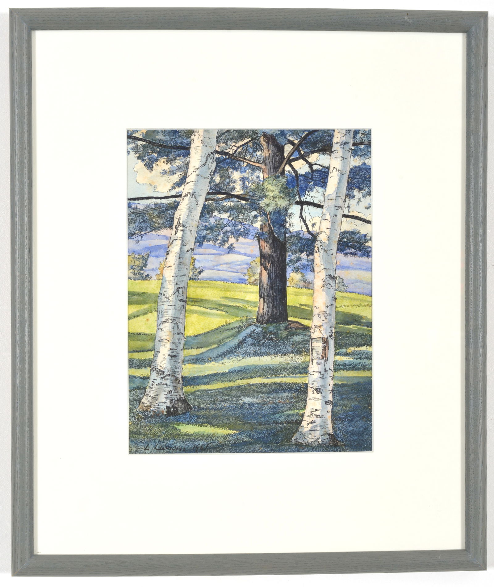 Luigi Lucioni. 1961. "Late September". Original watercolor landscape with birches in a clearing. (1 of 7)