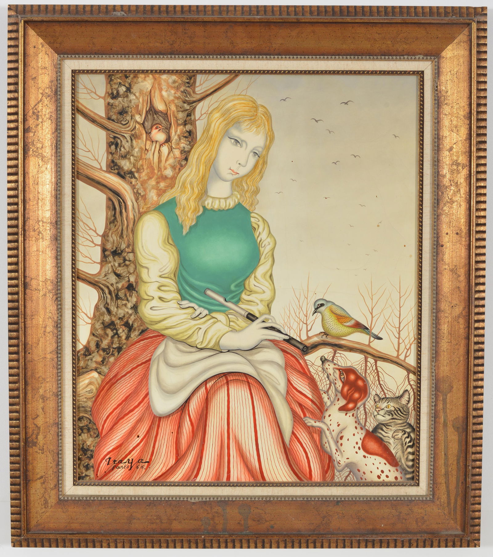 Foussa Itaya. Paris, 1966. Fantastical scene of a girl with a flute, playing for a dog and birds.: Foussa Itaya. Paris, 1966. Fantastical scene of a girl with a flute, playing for a dog and birds. Oil or acrylic on canvas. Framed. Signed and dated lower left. Sight: 22 x 18.25in. Overall: 28 x 24.5