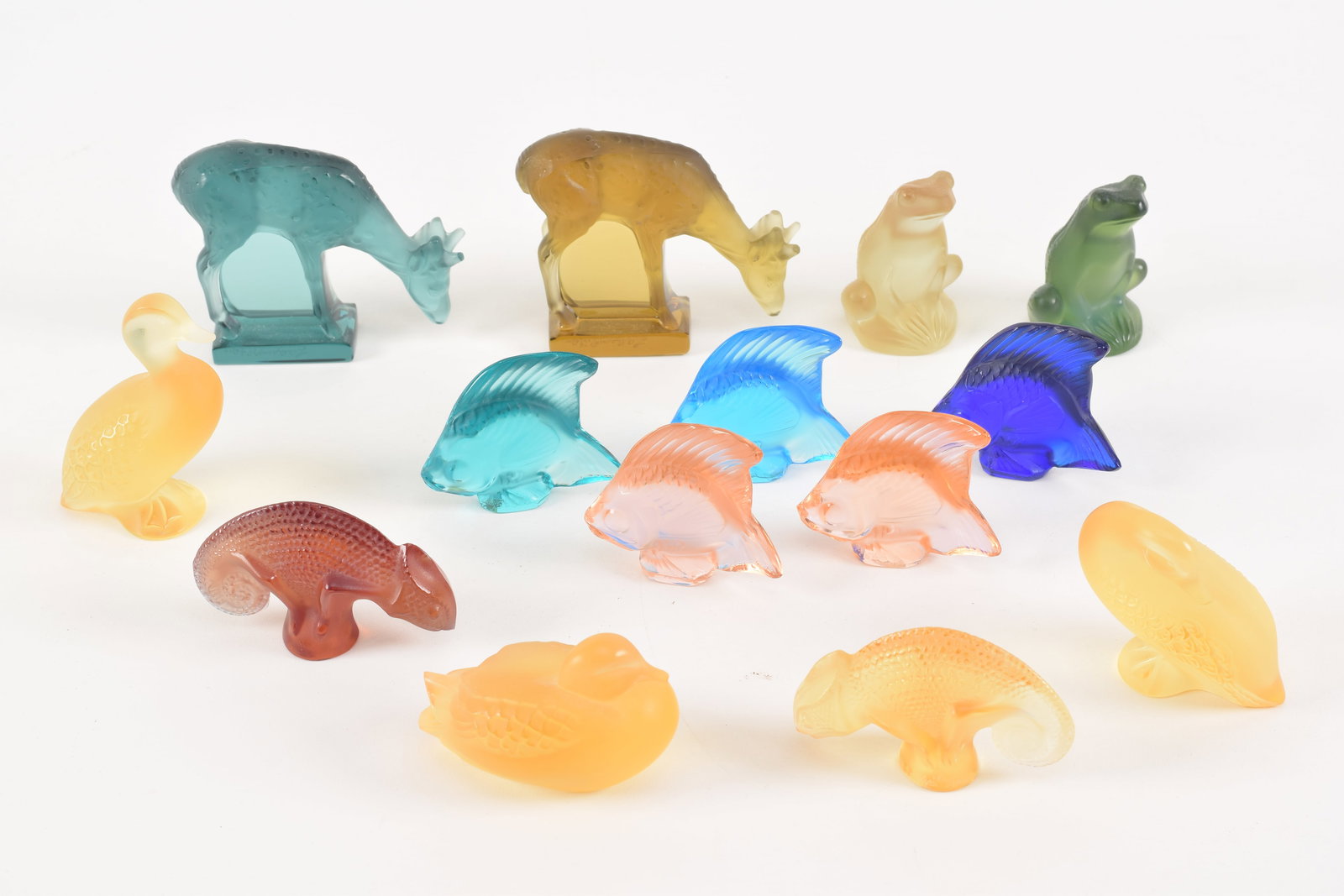 [13] Lalique colored glass animals, including tropical fish, chameleons, ducks, frogs, and deer. (1 of 7)