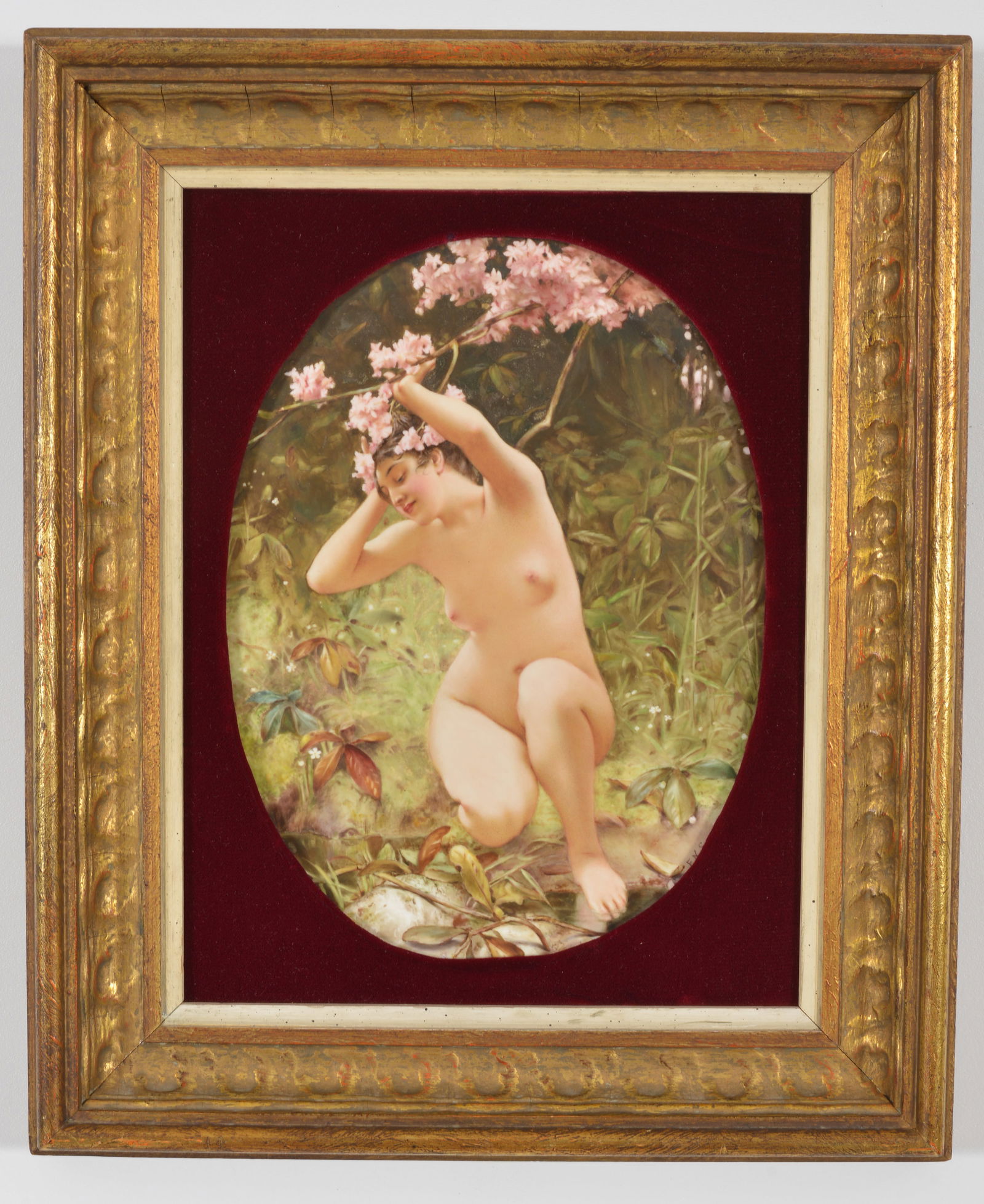 Fine quality Minton large oval format porcelain tile with hand painted scene of a nude woman by a: Fine quality Minton large oval format porcelain tile with hand painted scene of a nude woman by a stream. Monogrammed F.N.S. Sight: 10.5 x 7.5in. Overall: 16 x 13.5in.
