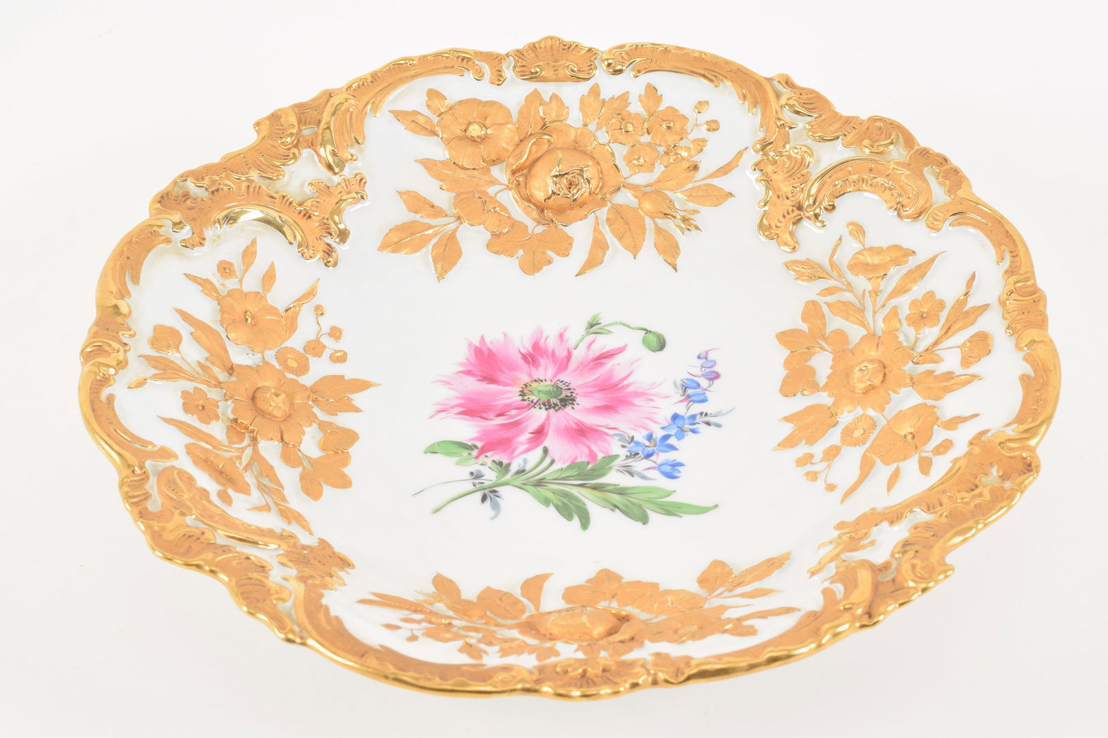 Meissen gilt hand painted porcelain dish. Raised gilt scrollwork and floral bouquet decoration with (1 of 5)