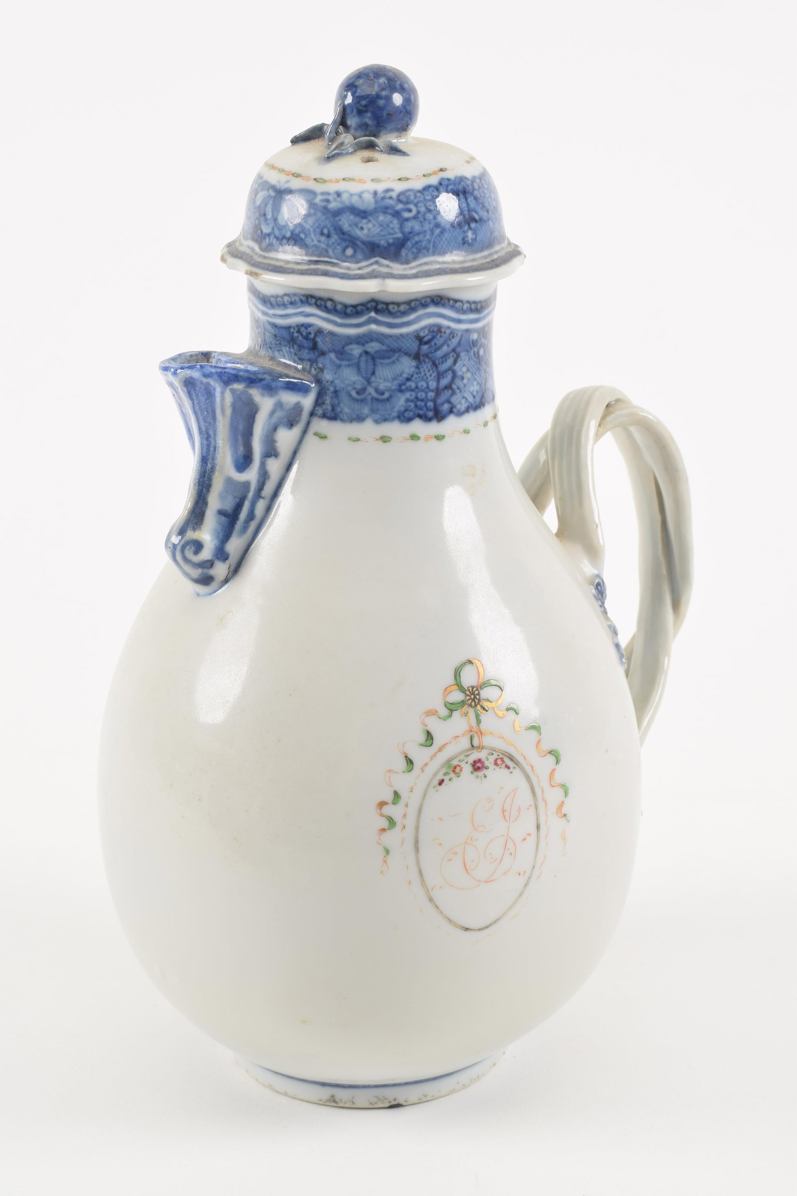 18th century Chinese export porcelain pitcher. Floral garland and ribbon decorated monogram (1 of 9)