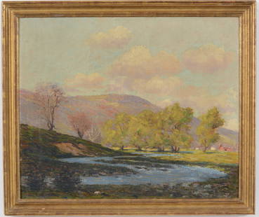 Attributed to Hanson Puthuff. California. Mountain landscape with river and red farmhouse. Unsigned.: Attributed to Hanson Puthuff. California. Mountain landscape with river and red farmhouse. Unsigned. Lined.