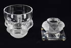 2 Lalique owl decorated crystal sculptures. Clear and frosted glass footed dish with owl supports