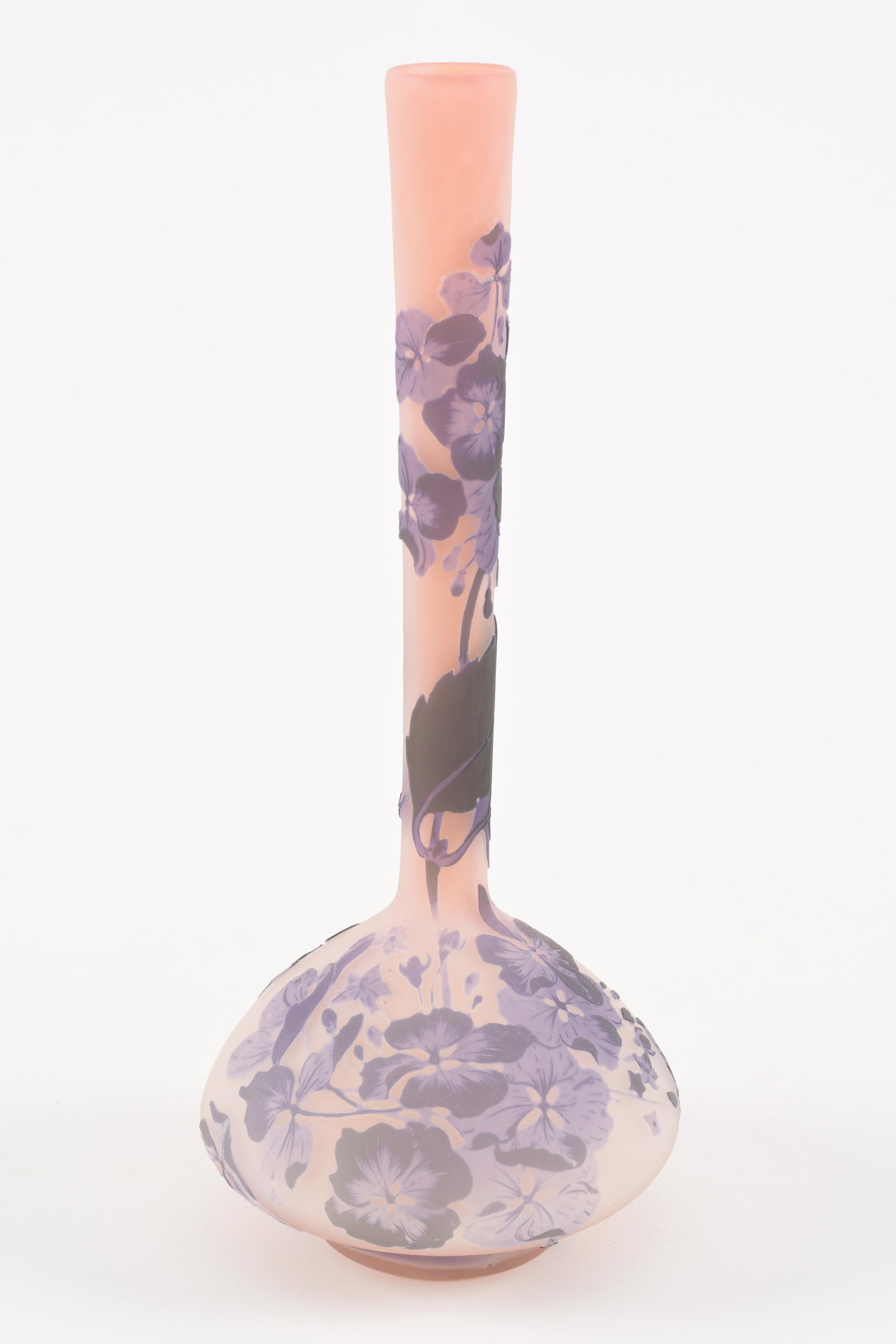 Galle cameo glass bud vase. Lilac colored flowers over a light pink ground. Signed Galle on side. (1 of 7)