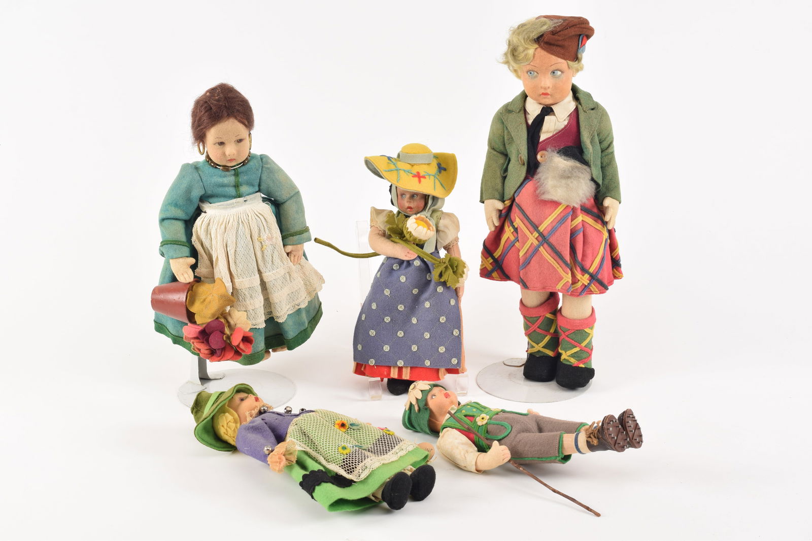 Lot of 5 vintage Lenci dolls. 3 small labeled dolls approx. 9.5-10in H. Standing bot approx. 14.5in (1 of 7)