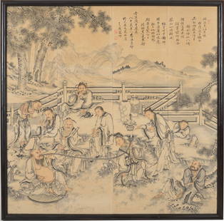 Painting. China. 19th century. Ink and slight colors on paper. Scene of a festival with the eight: Painting. China. 19th century. Ink and slight colors on paper. Scene of a festival with the eight Immortals. Inscription and seals. Framed. Sight: 52 x 52in. Toning, stains, minor old repairs.