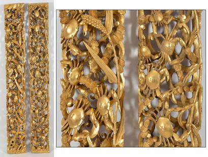 Pair of architectural elements. China. 19th century. Deeply carved and pierced with crabs and: Pair of architectural elements. China. 19th century. Deeply carved and pierced with crabs and aquatic plants. Heavily gilt surface. 70 x 9.75in.