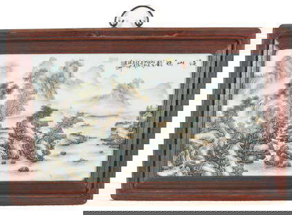 Porcelain plaque. China. First half of the 20th century. Famille verte palette landscape with: Porcelain plaque. China. First half of the 20th century. Famille verte palette landscape with inscription. Rosewood frame. Plaque: 22 x 12in.