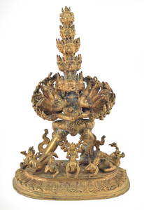 Gilt bronze image. Nepal. 17th/18th century. Figure of Chakrasamvatra in shakti. 18in high.