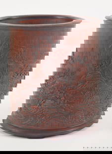 Bamboo brush pot. China. Cyclical date for the reign of Kuang Hsu (1875-1908). Finely carved with an: Bamboo brush pot. China. Cyclical date for the reign of Kuang Hsu (1875-1908). Finely carved with an ocean landscape. 6 x 6.75in.