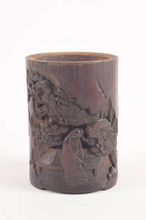 Bamboo brush pot. China. 18th century. Cylindrical form. Carved and pierced with a scholar in a: Bamboo brush pot. China. 18th century. Cylindrical form. Carved and pierced with a scholar in a windswept landscape. 5.25 x 3.75in.