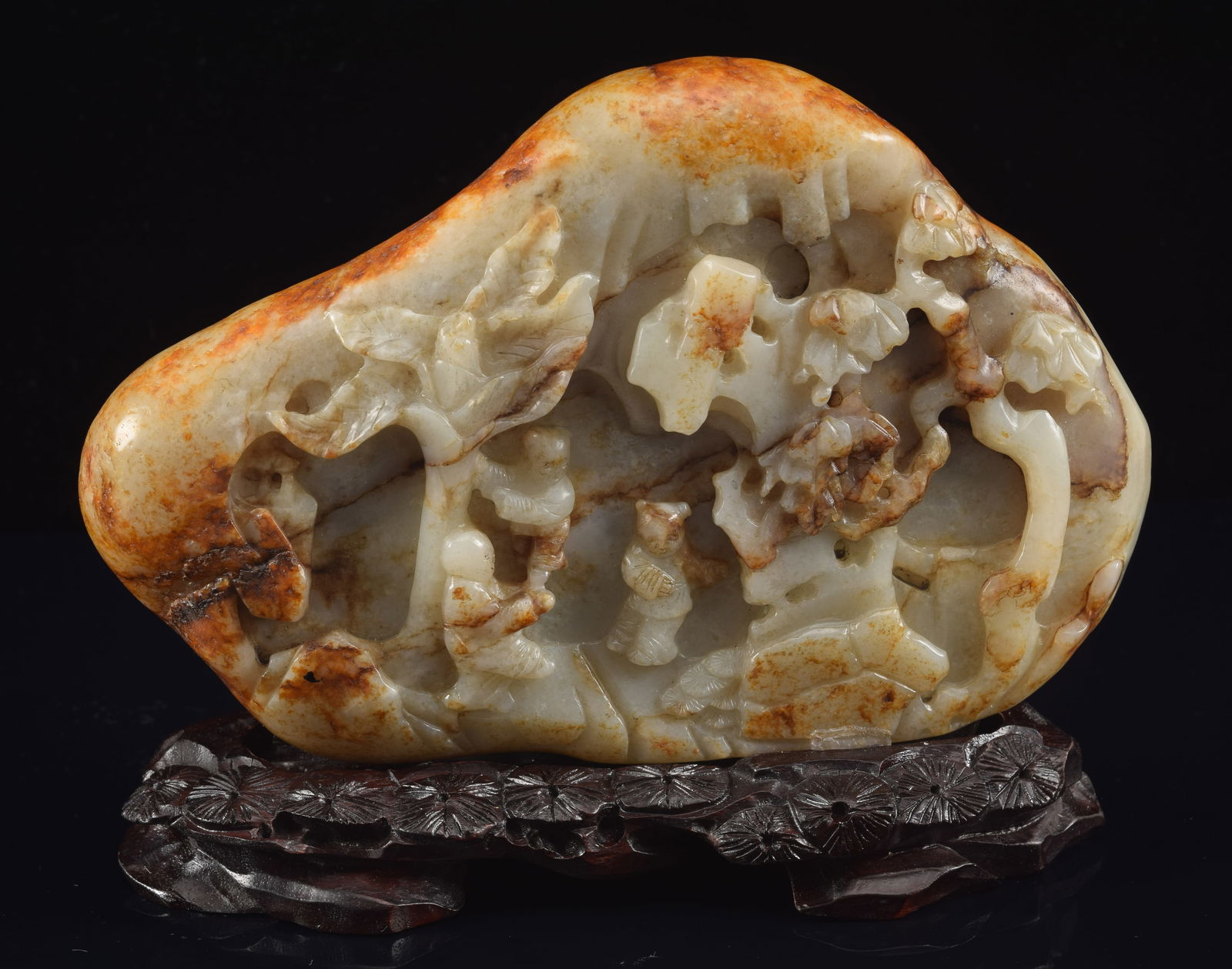 Jade mountain. China. 19th century. Stone with russet marking. Figures in a mountain grotto. 6.5 x (1 of 6)