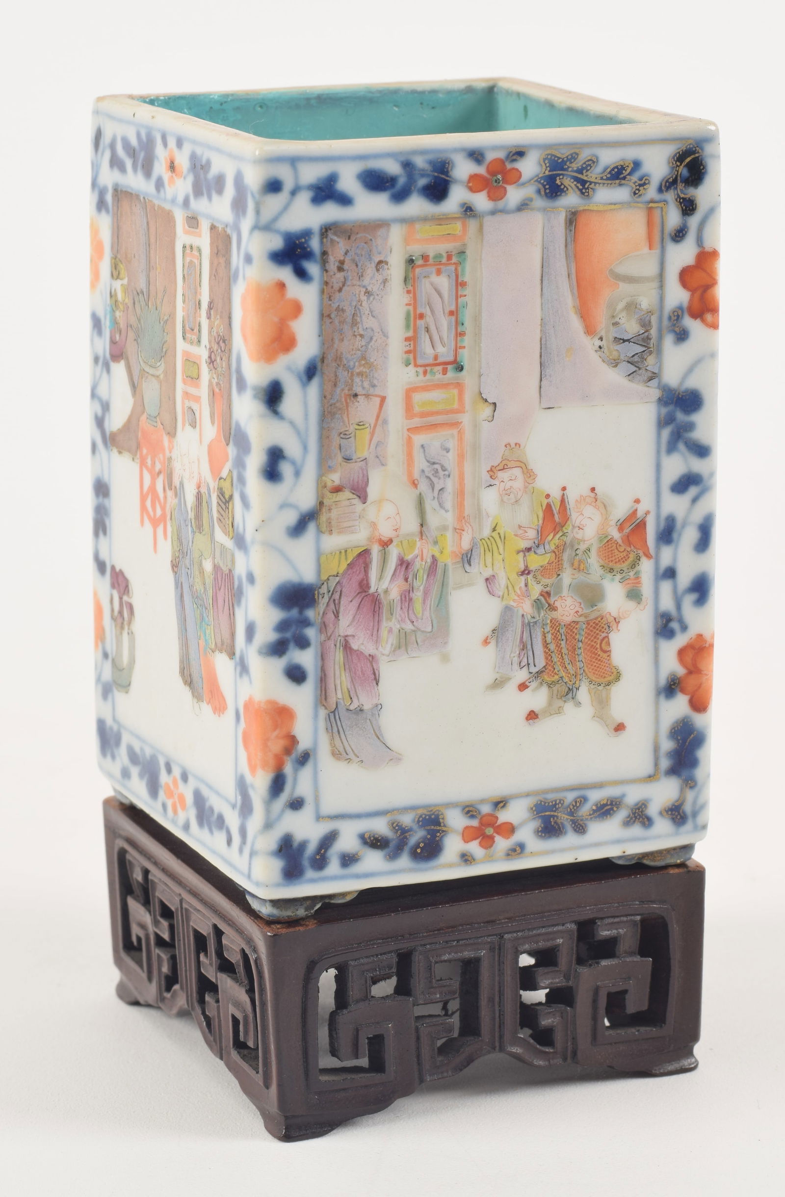Porcelain brush holder. China. Chien Lung mark and probably of the period. Square form. Decoration: Porcelain brush holder. China. Chien Lung mark and probably of the period. Square form. Decoration of figures from literature. 3.75in high. Hairline, repaired. Provenance: From a prominent New England