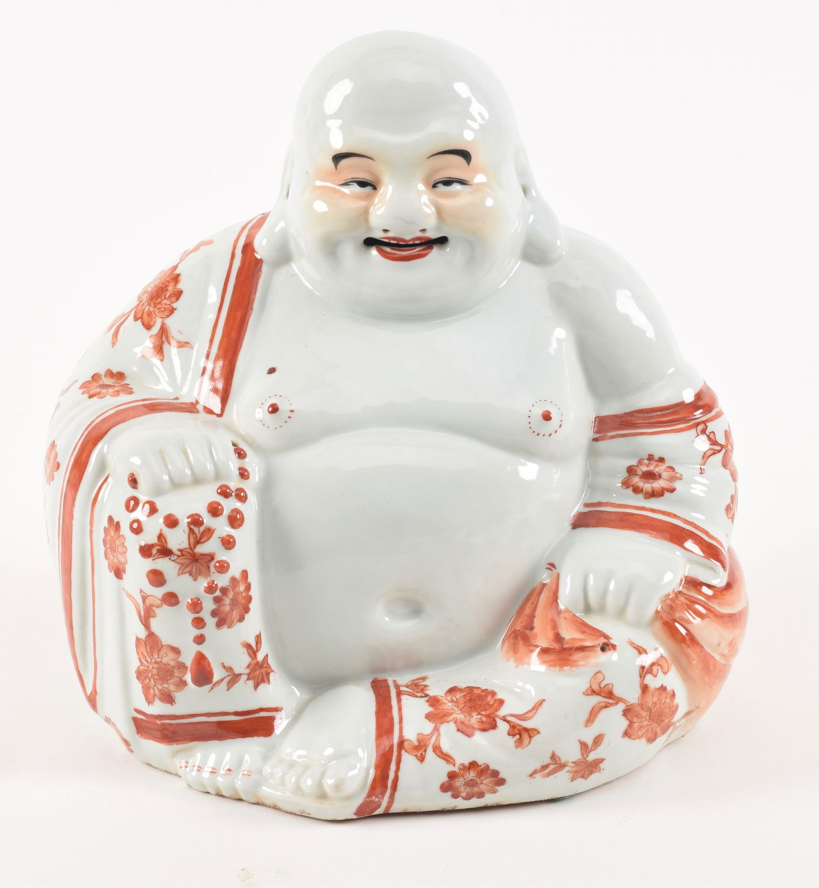 Late 19th/early 20th century porcelain seated buddha figure. Iron red decoration. Company mark on (1 of 6)