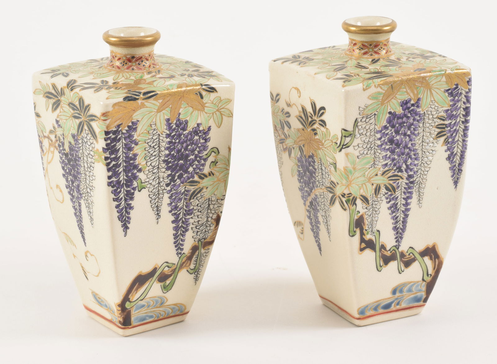 Pair of satsuma vases. Japan. Meiji period (1868-1912). Square form. Wisteria decoration. 5in. (1 of 10)