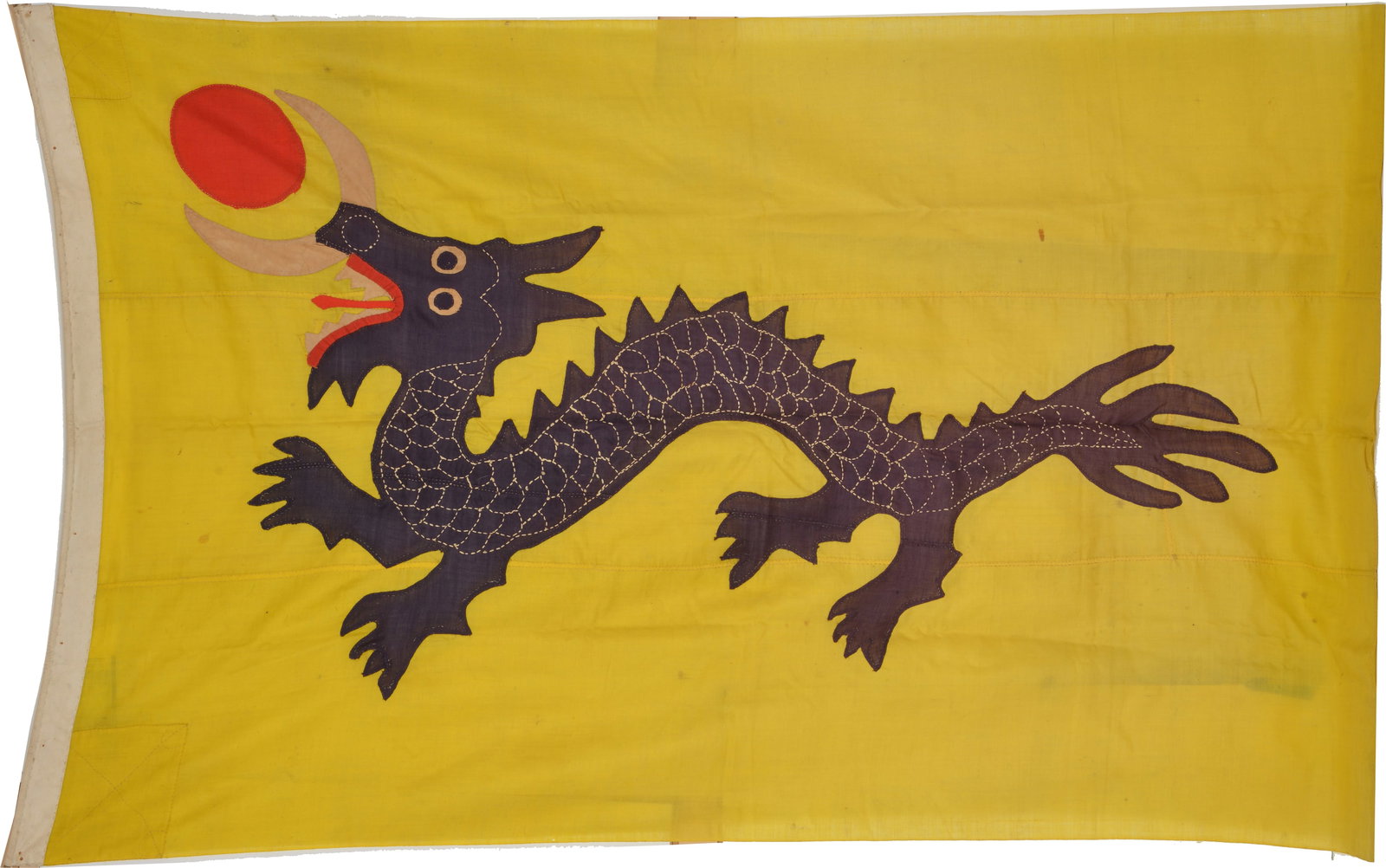 84 x 50in Imperial flag. China. 19th/early 20th century. Dragon sun on a yellow ground. Provenance: (1 of 4)