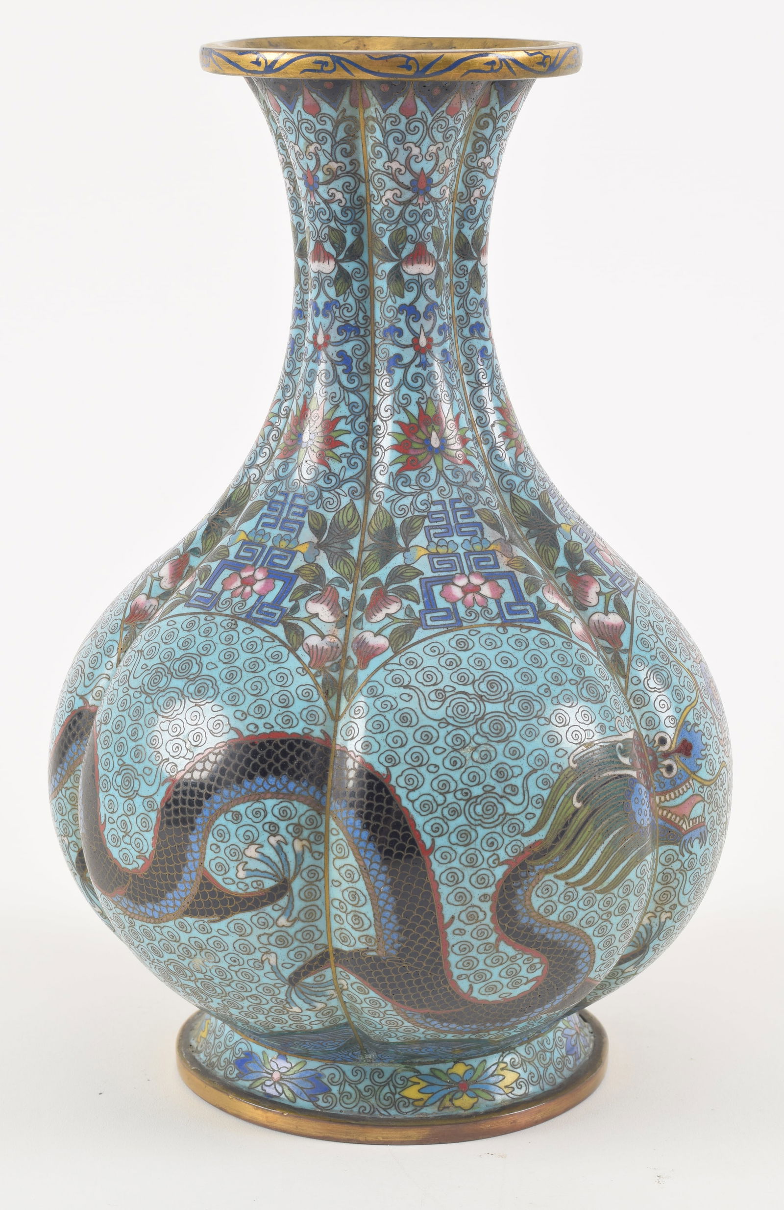 Late 19th century Chinese cloisonne vase. Lobated form. Dragon decoration on a turquoise ground. (1 of 7)