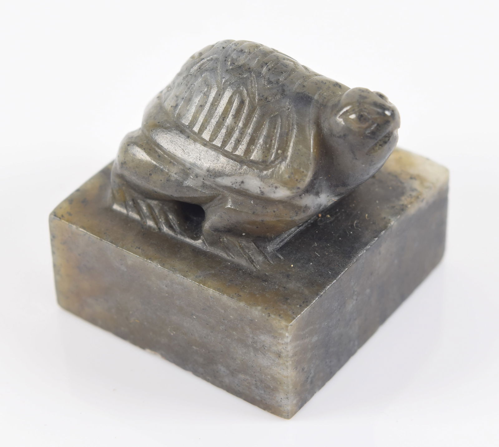 Grey jade seal. China. Ming period (1368-1644). turtle finial, inscription intact. 1 x 1.25in. (1 of 5)