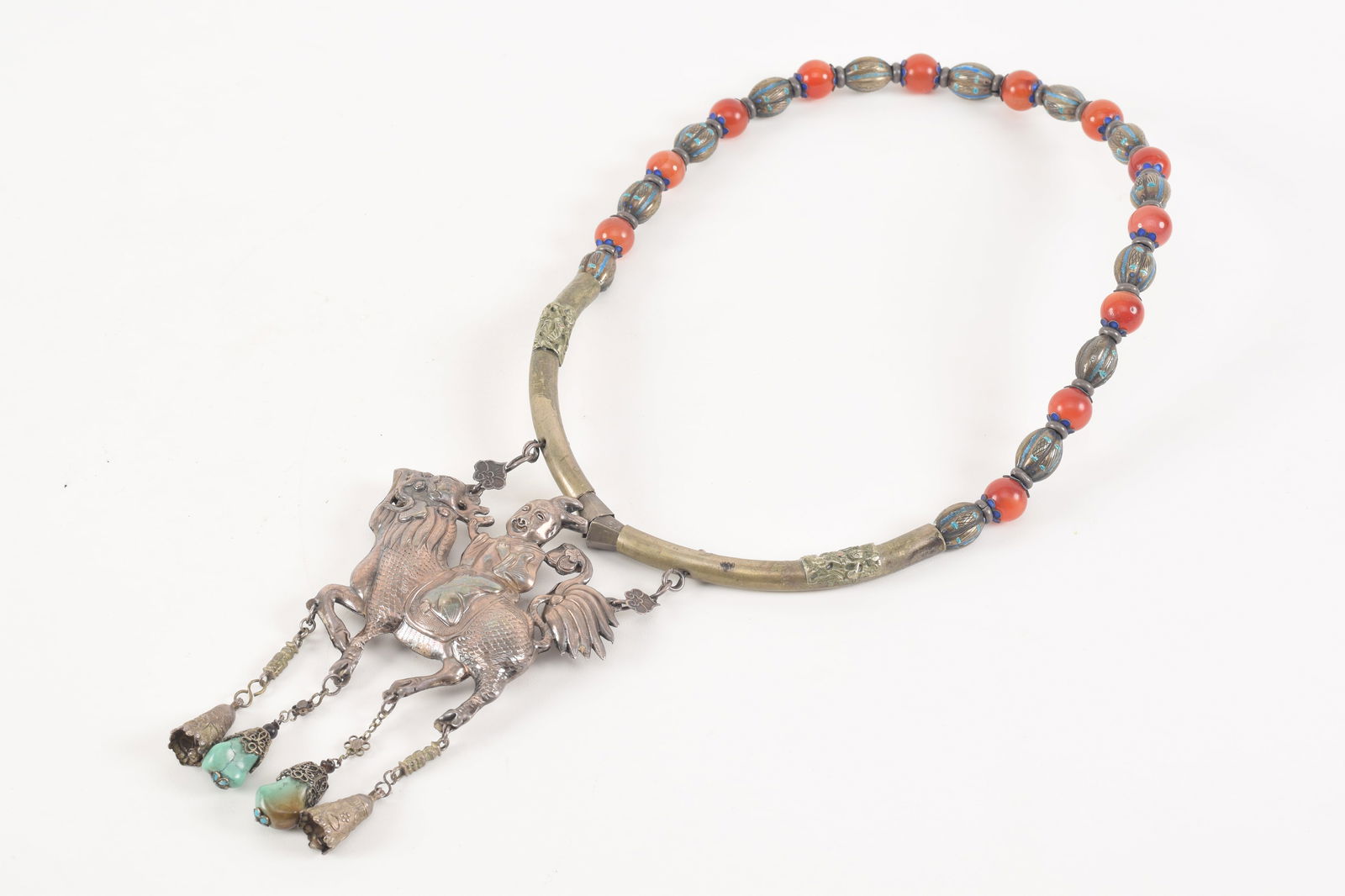 19th century Chinese necklace. Silver figural horse and rider pendant. Turquoise and enamel (1 of 6)