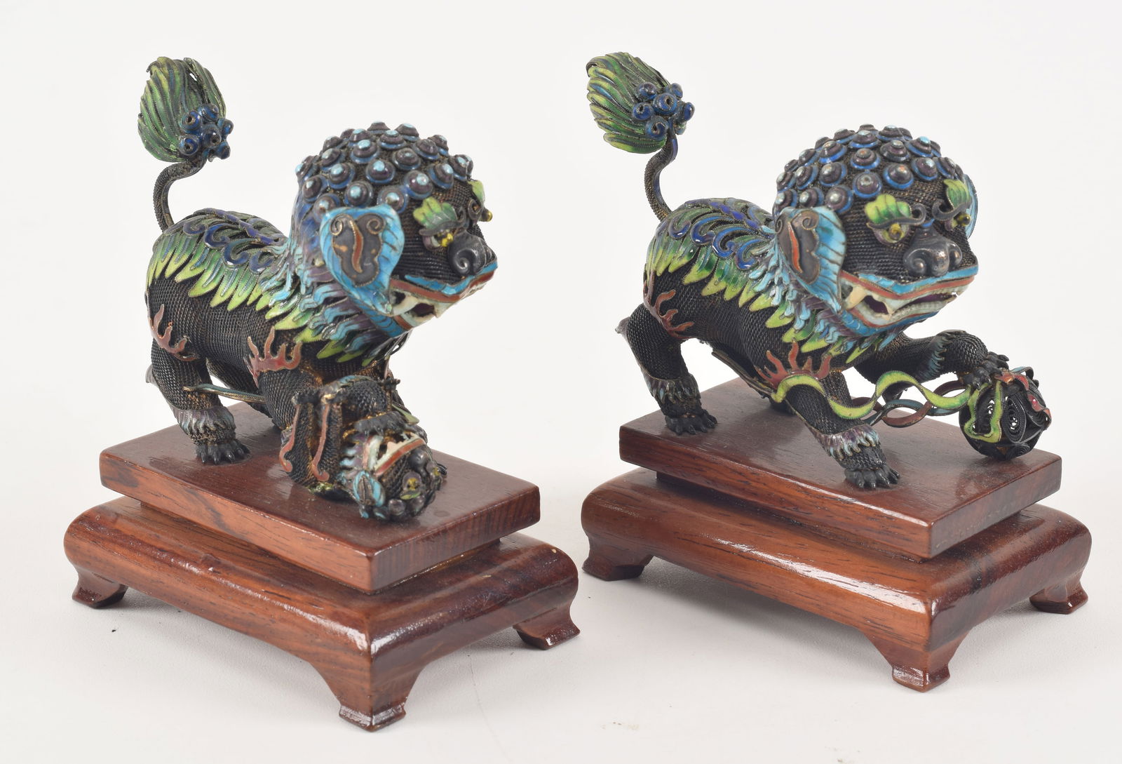 Chinese enamel decorated silver foo dog figurines. Mid 20th century. 3.75in high. (1 of 5)