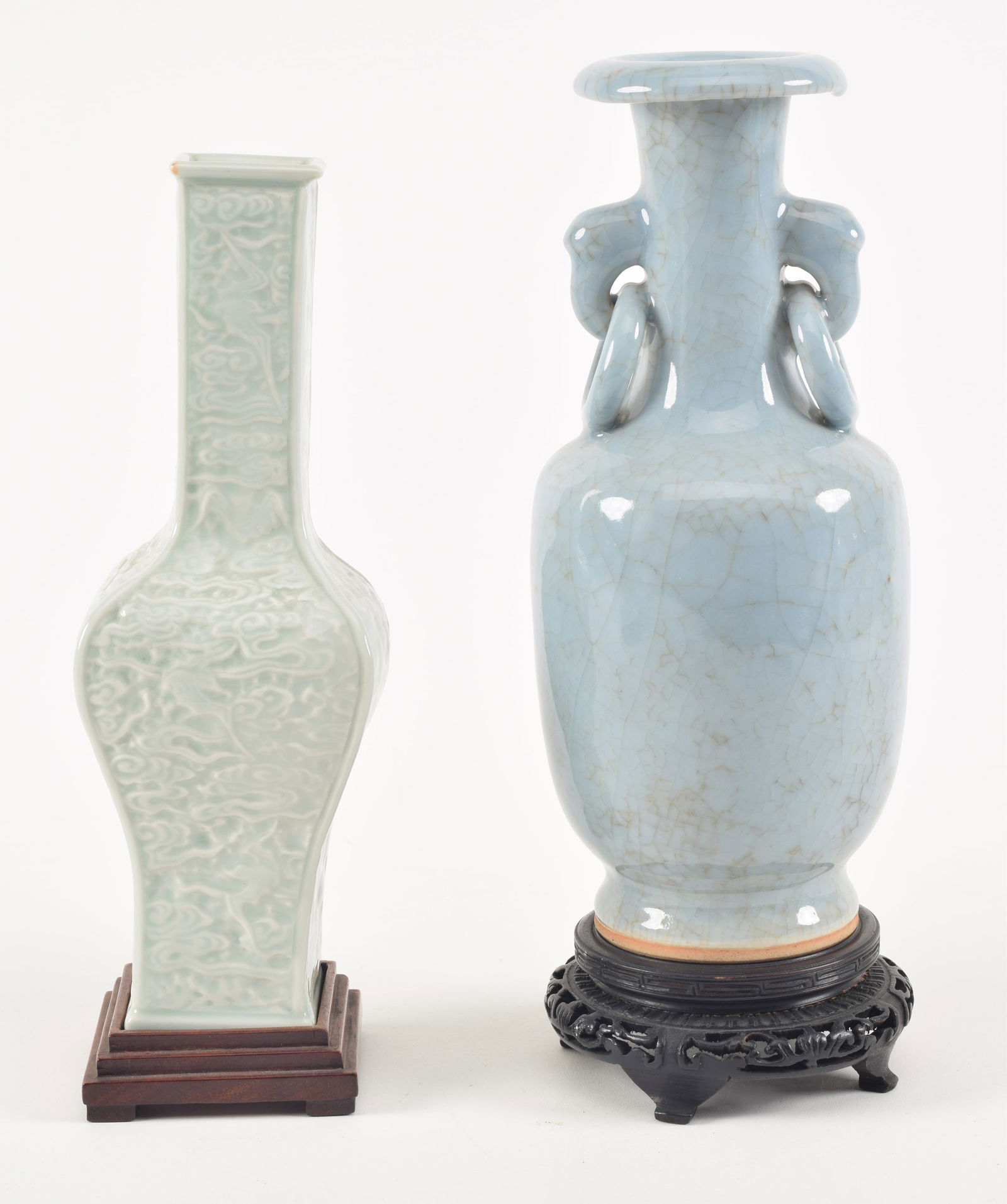 2 porcelain vases. China. 20th century. 1) Molded dragons and clouds. 2) Faux jump rings. Celadon (1 of 6)