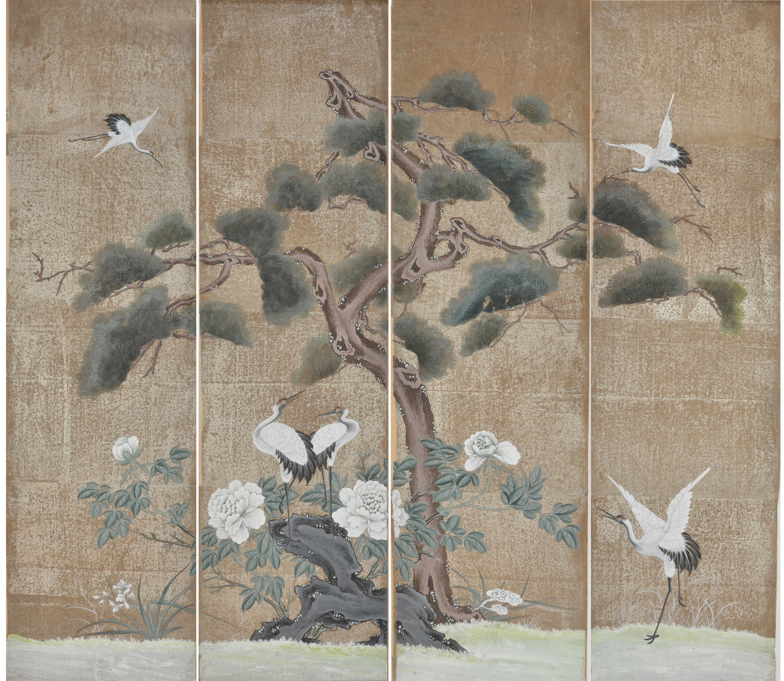 4 asian wallpaper panels: 4 asian wallpaper panels depicting a tree with cranes. Each panel approximately 73 x 21 inches