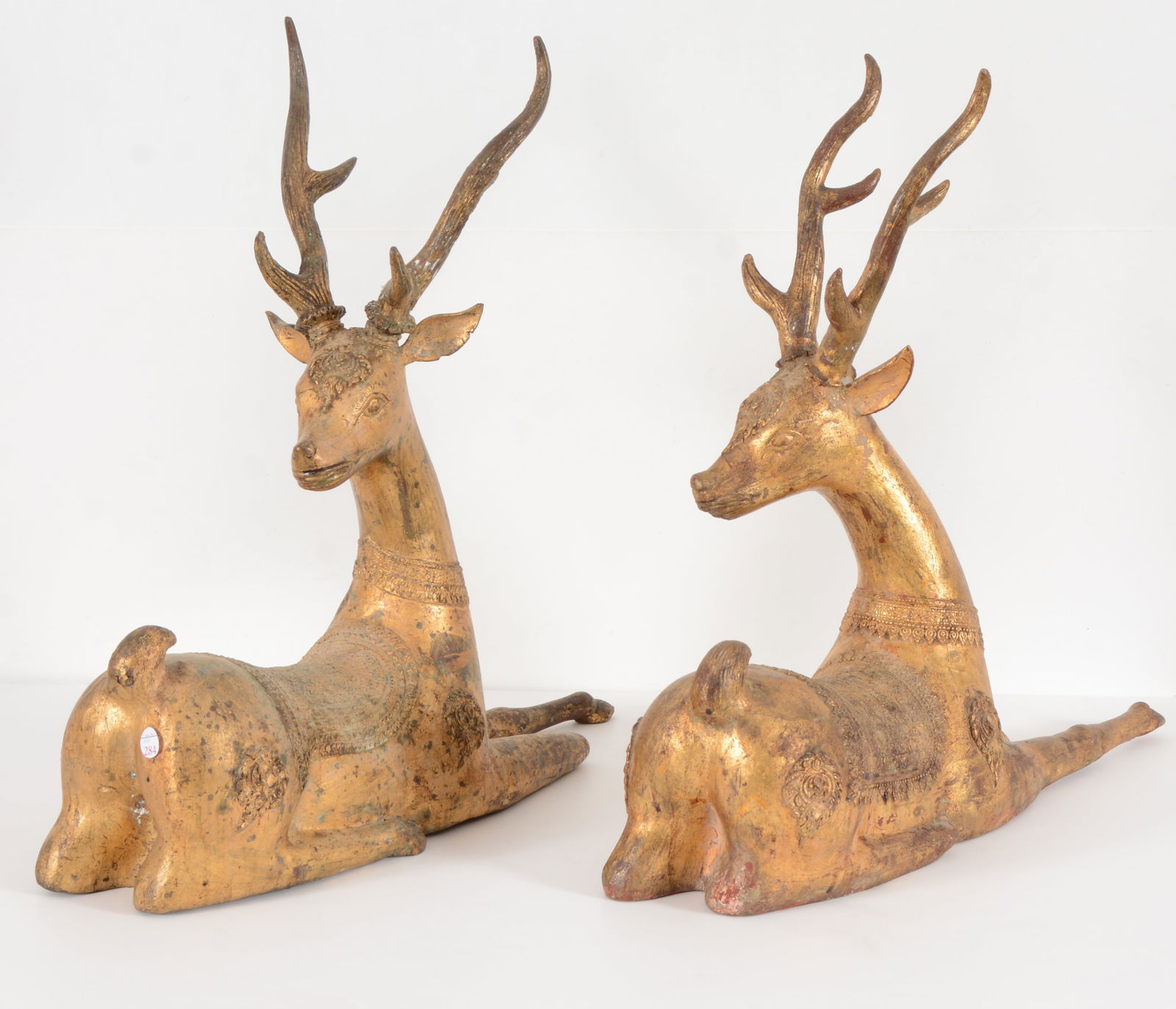 Pair of gilt metal deer. Thailand. 20th century. Offerings for a Buddhist altar. 21in W x 20.75in H. (1 of 5)