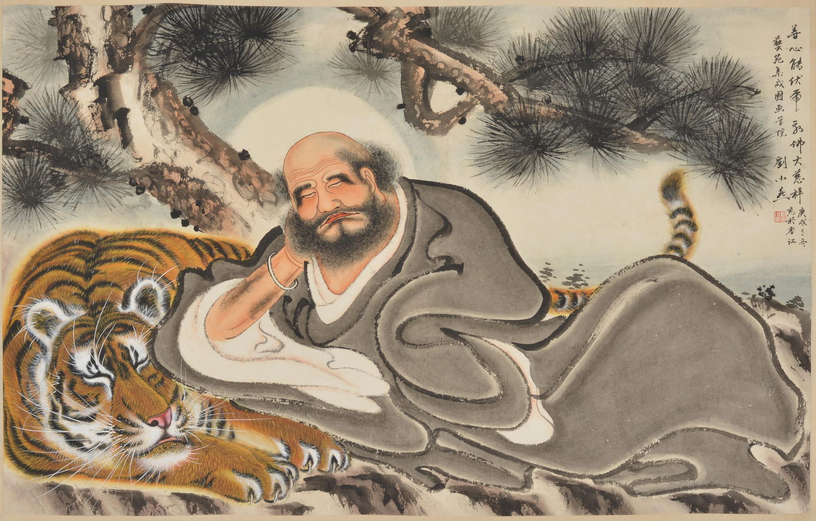 Scroll painting. China. 20th century. Buddhist narrative scene. Inscription and artist seal. (1 of 4)