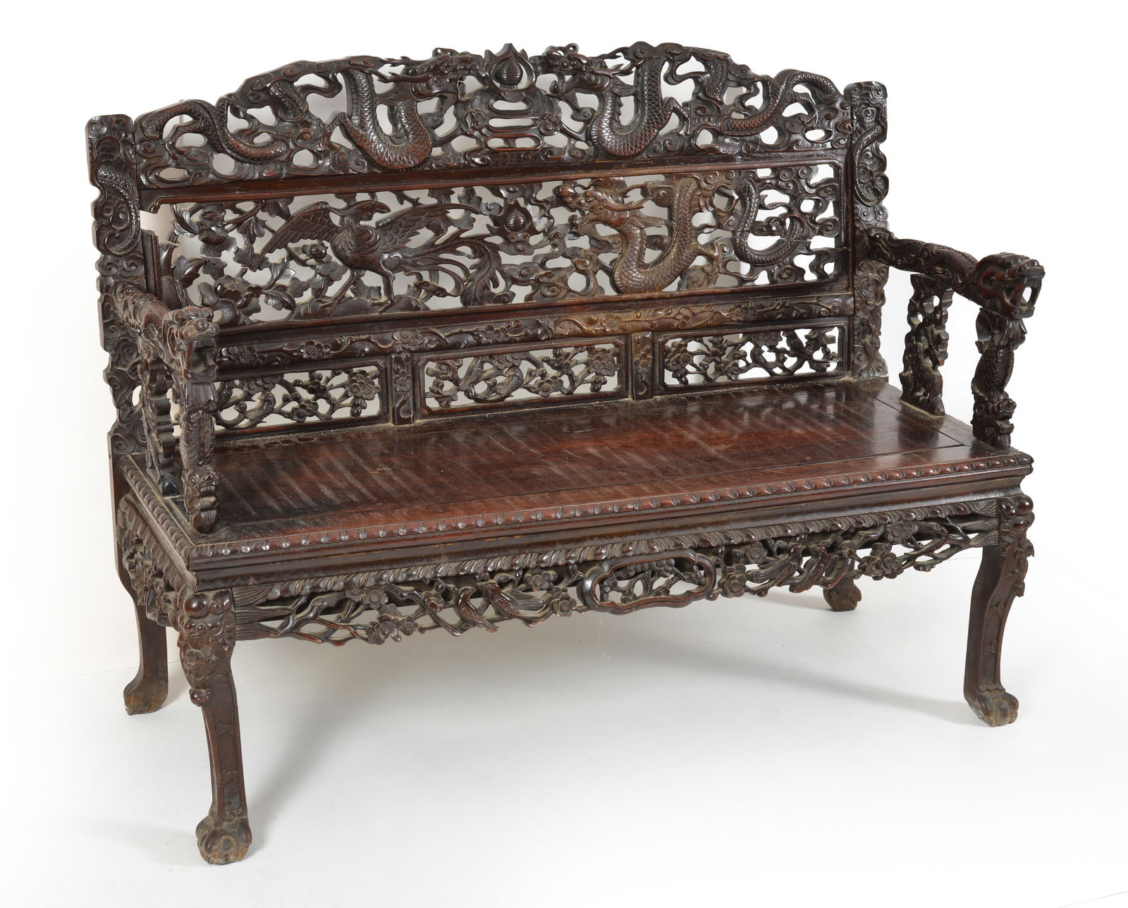 Chinese early 20th Century carved hardwood bench with dragon and bird motif. (1 of 13)