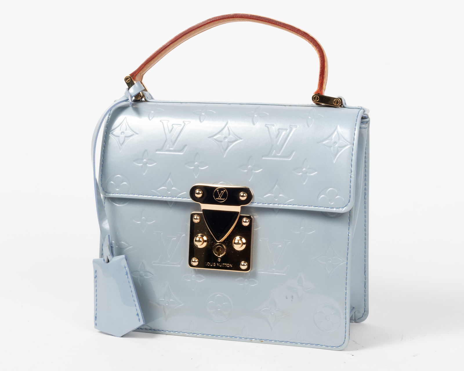 Louis Vuitton patent leather Vernis handbag with additional coin purse and key pouch in pale blue (1 of 9)